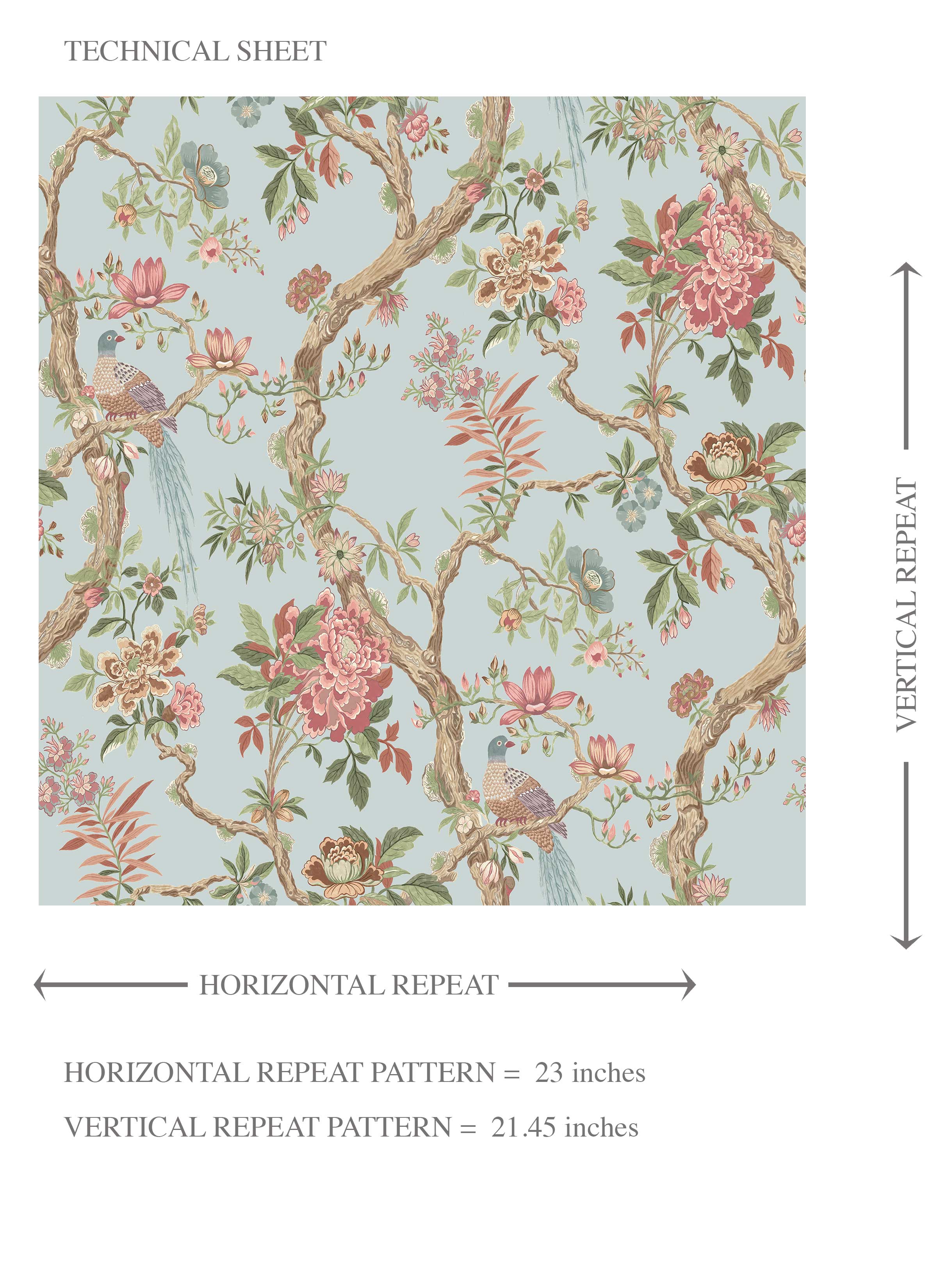 Floral/ Bird Print Chinoiserie Kids Room Wallpaper Sample (Blue/ Coral Pink/ Green)