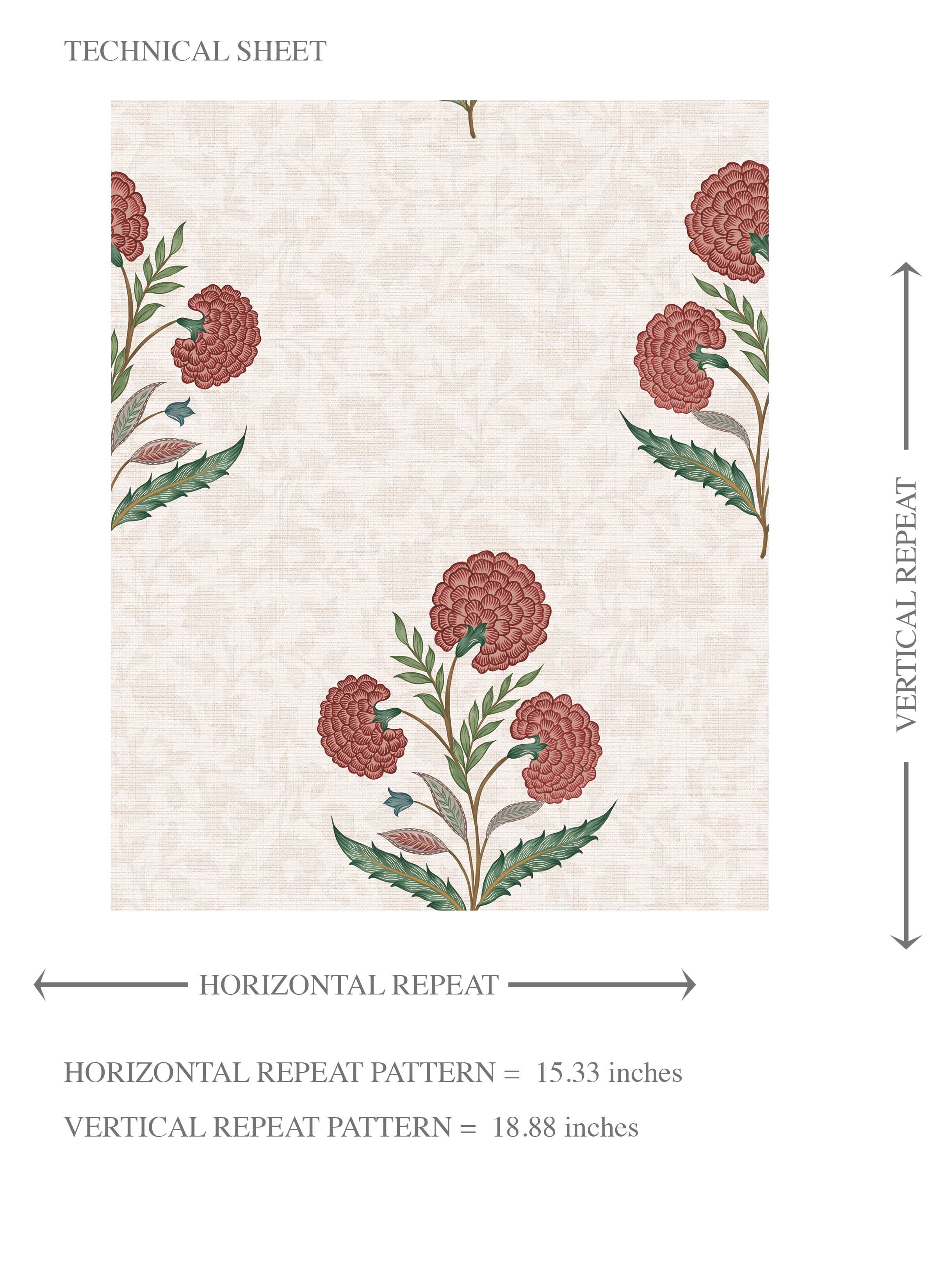 Floral Block Print Kids Room Wallpaper Sample (Red/ Green/ Soft Taupe)