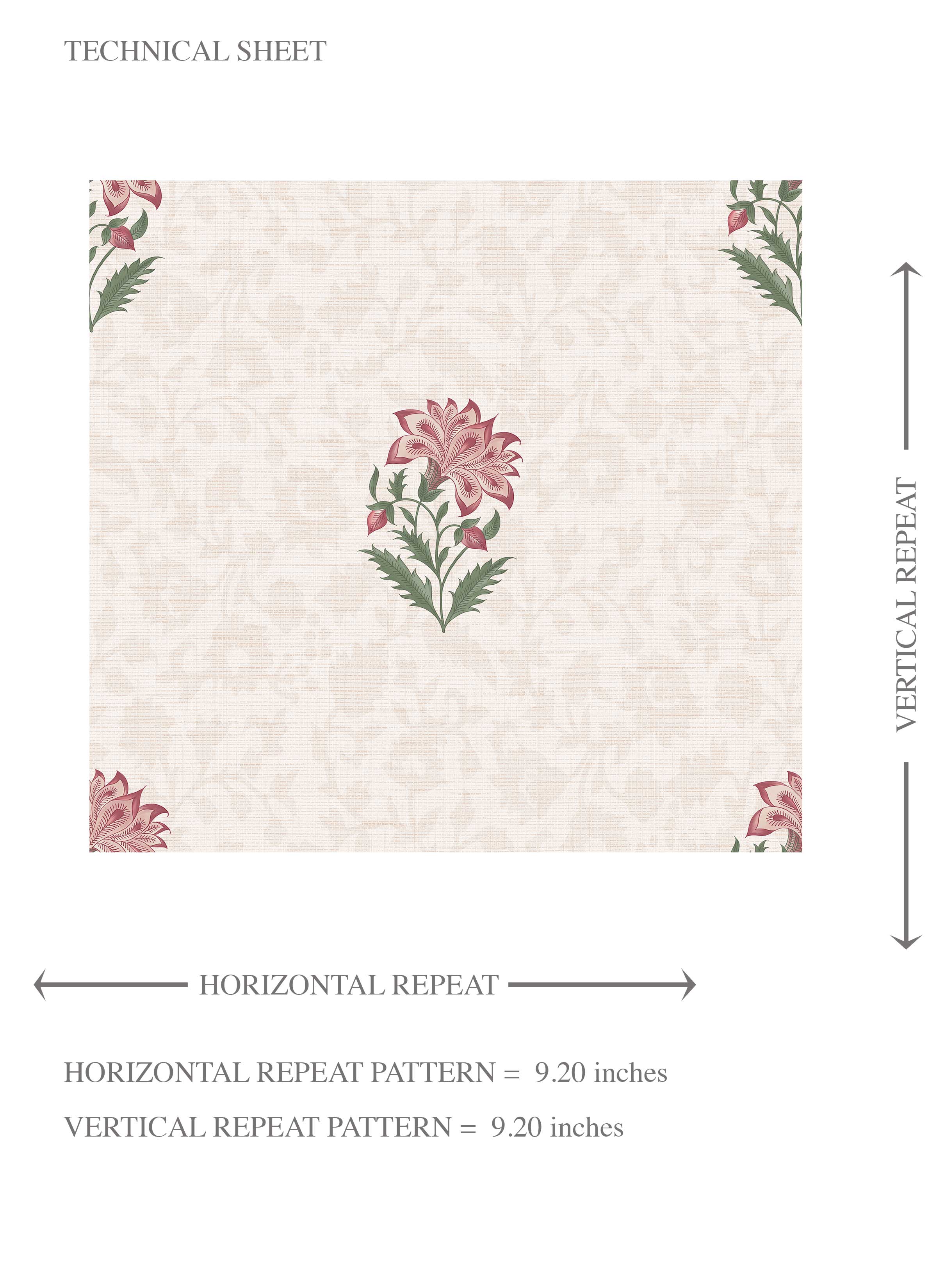 Botanical/ Floral Block Print Kids Room Wallpaper Sample (Pink/ Green/ Soft Taupe)