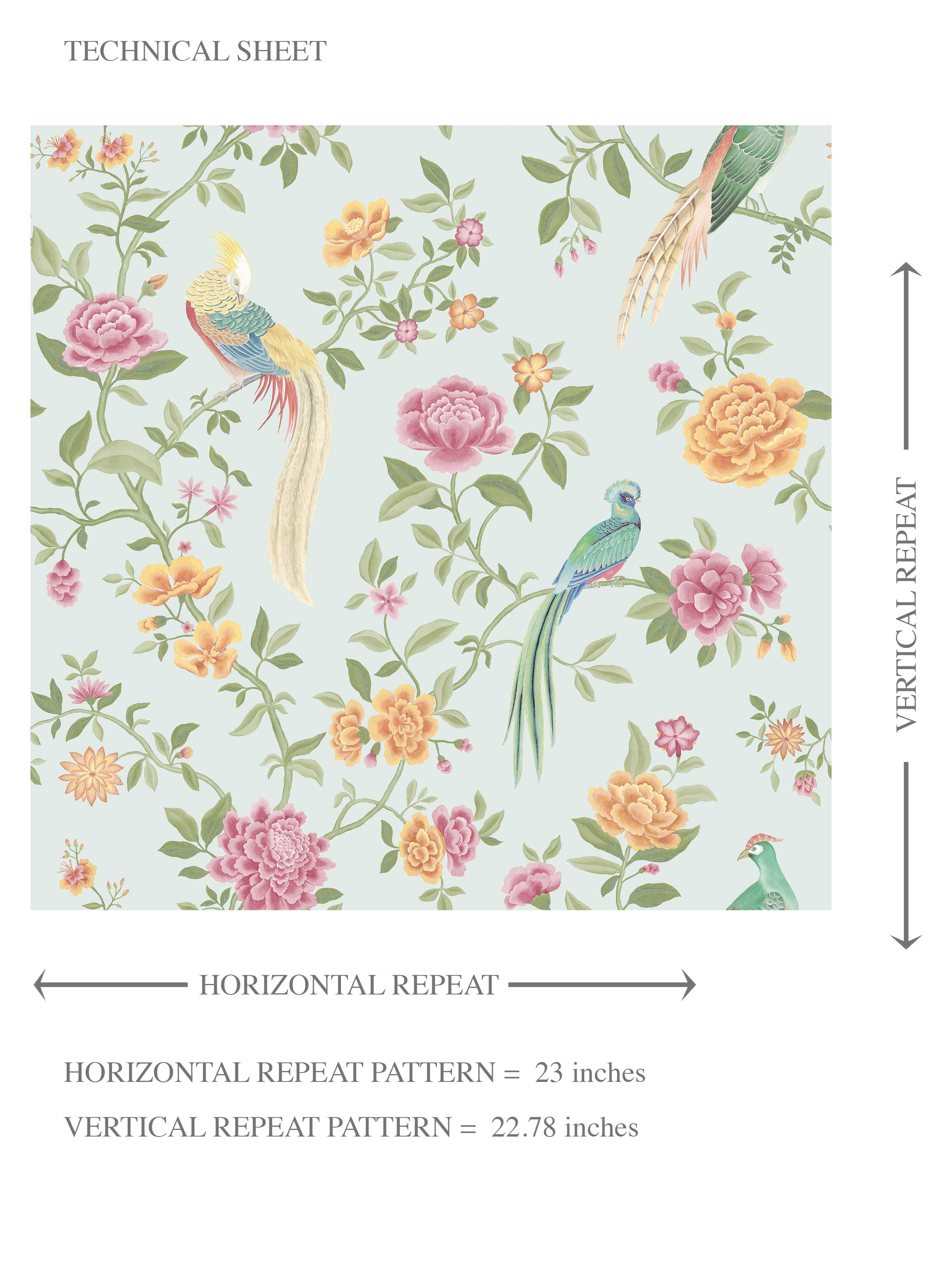 Floral Chinoiserie/ Nature Bird Print Kids Room Wallpaper Sample (Duck Egg Blue/ Pink/ Green/ Yellow)