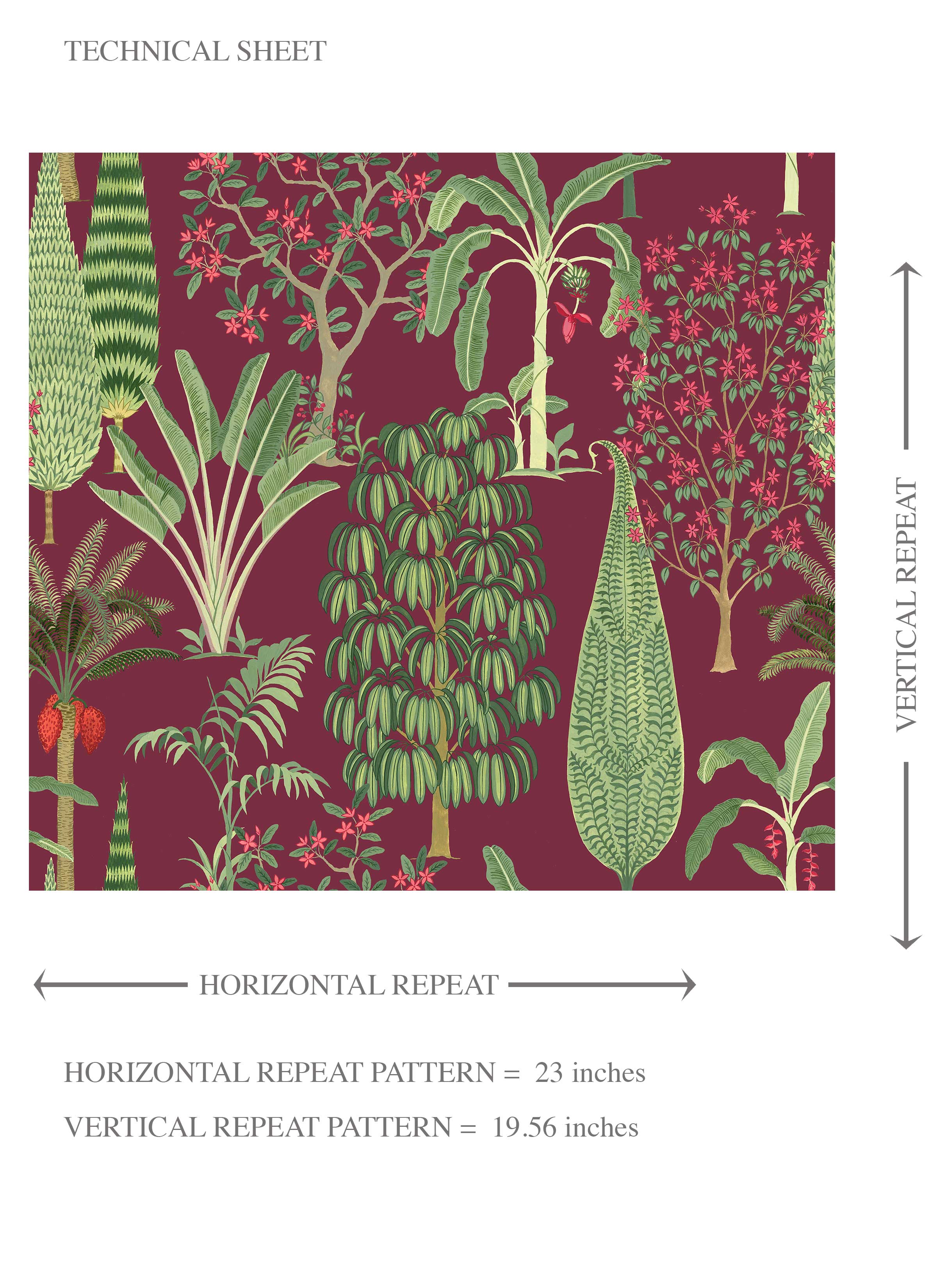 Tropical Floral/ Botanical Kids Room Wallpaper (Burgundy Red/ Green/ Pink)