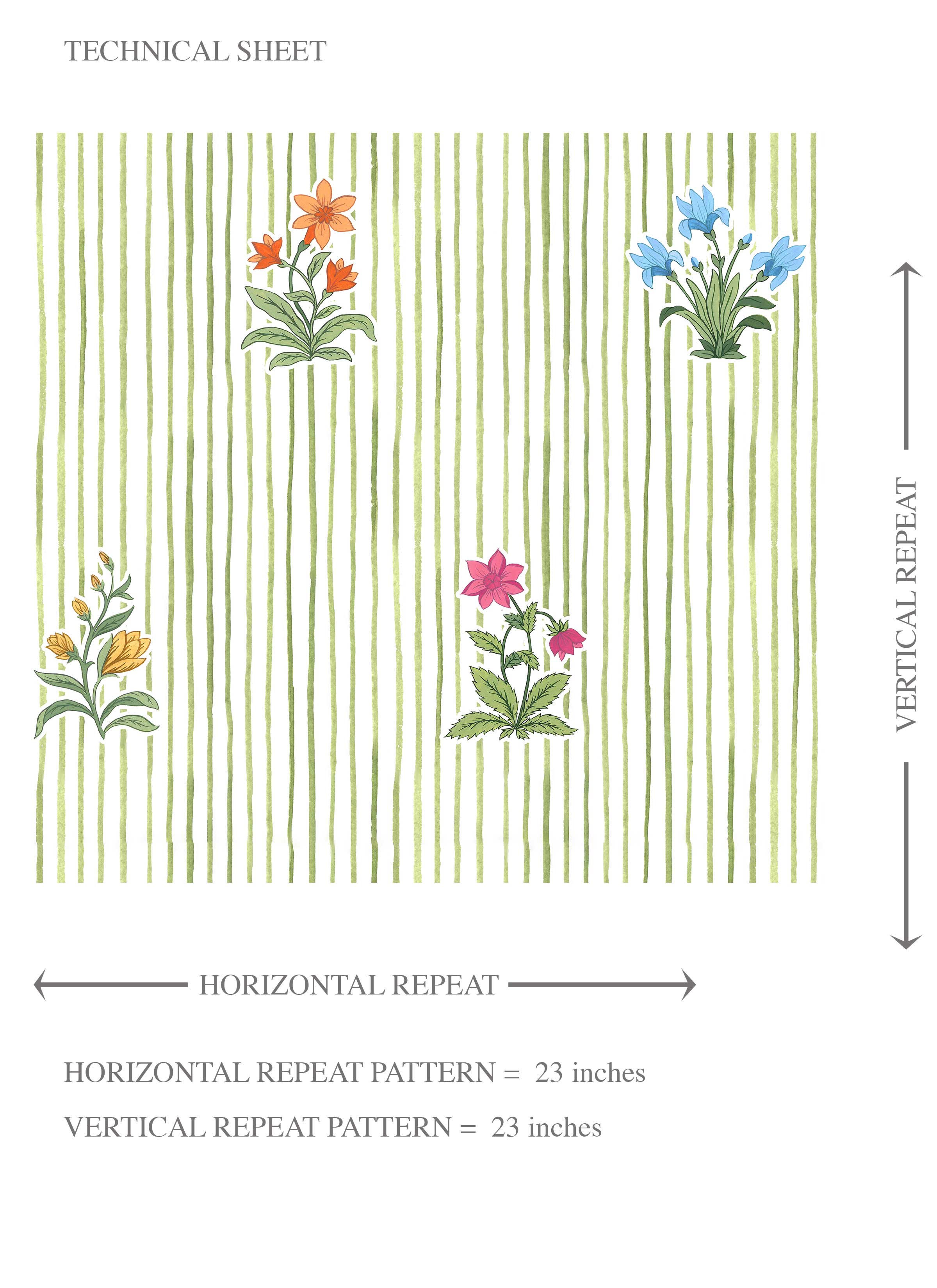 Floral Striped Block Print Kids Room Wallpaper Sample (Green/ Pink/ Blue/ Yellow/ Orange)
