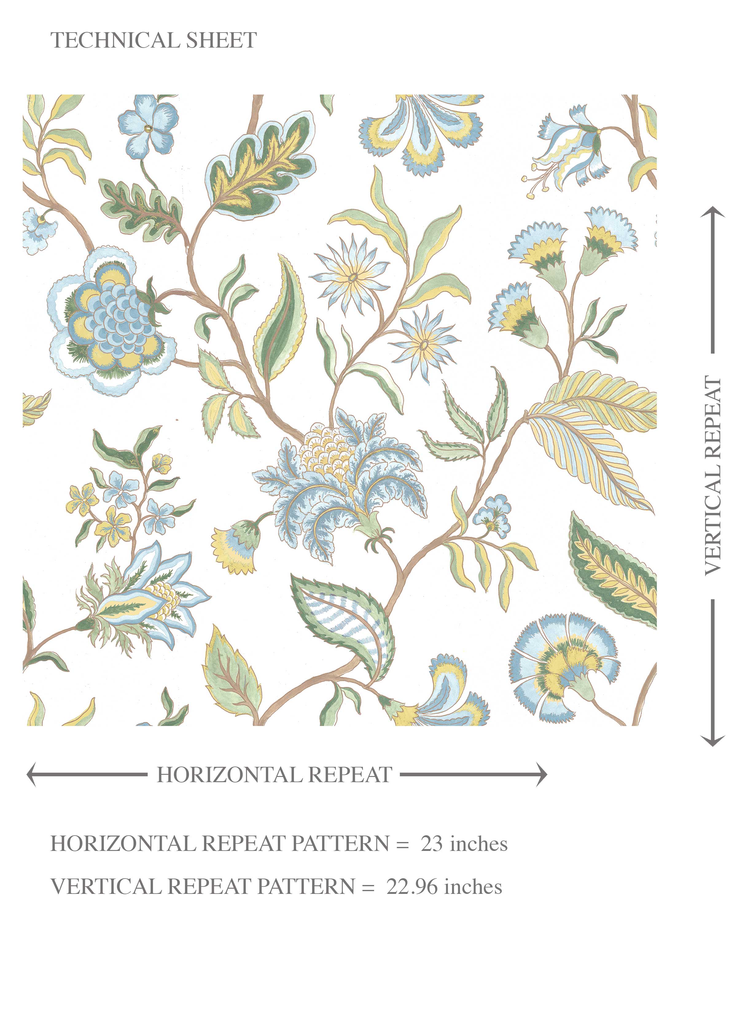 Botanical/ Floral Chinoiserie Kids Room Wallpaper Sample (Blue/ Green/ Yellow)