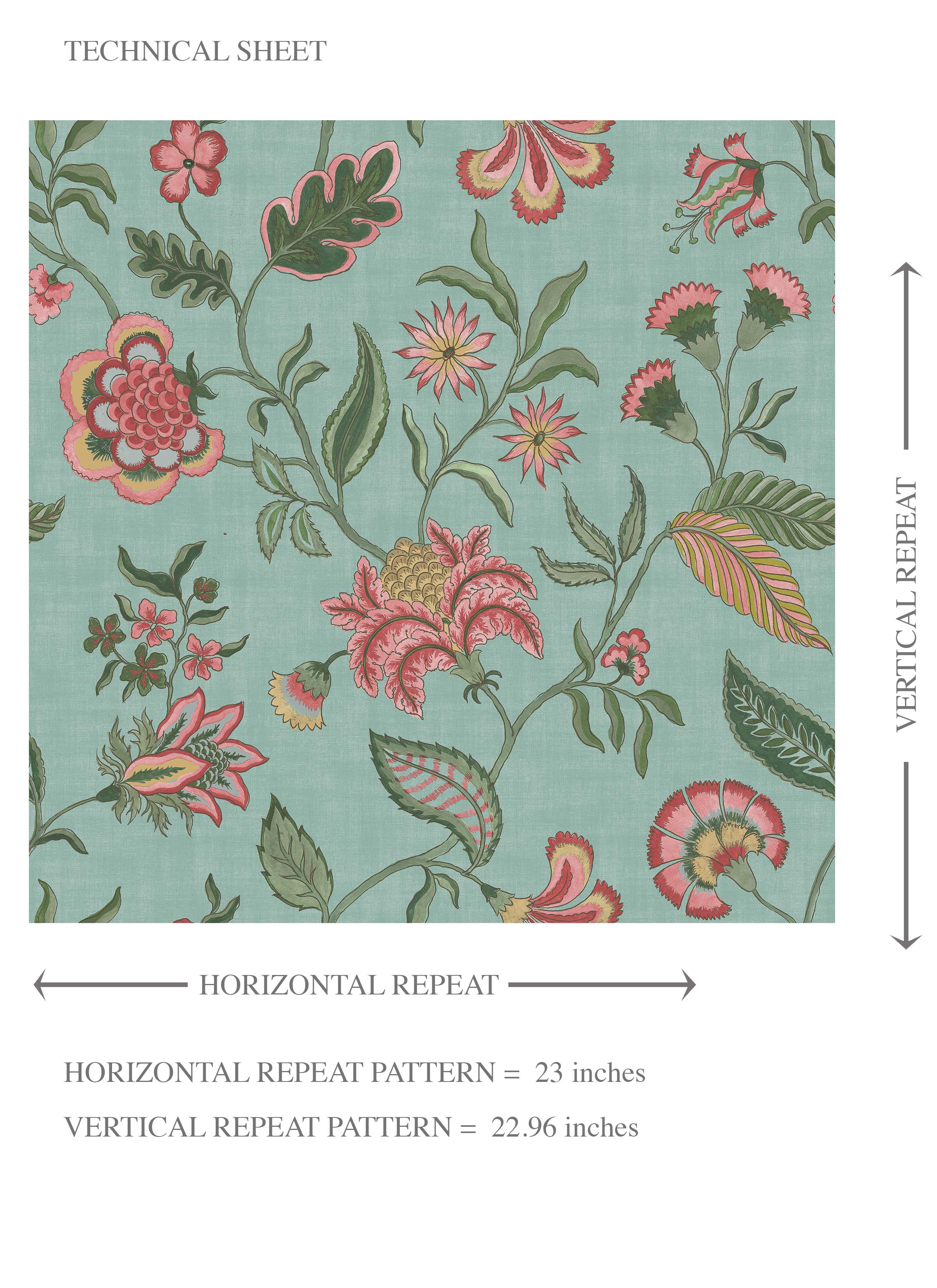 Botanical/ Floral Chinoiserie Kids Room Wallpaper Sample (Blue-Green/ Pink/ Red)