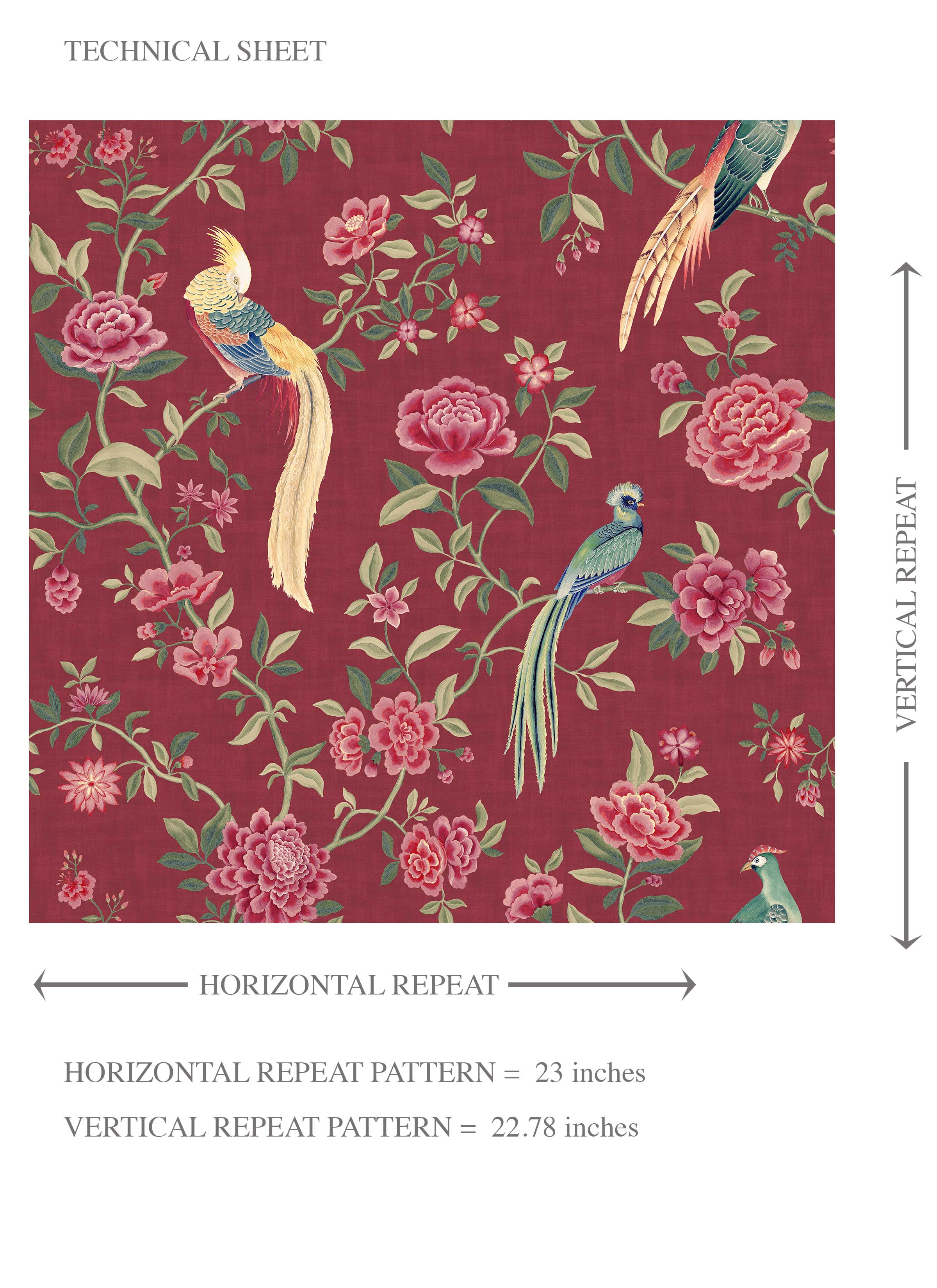 Floral Chinoiserie/ Nature Bird Print Kids Room Wallpaper Sample (Red/ Pink/ Green/ Yellow)