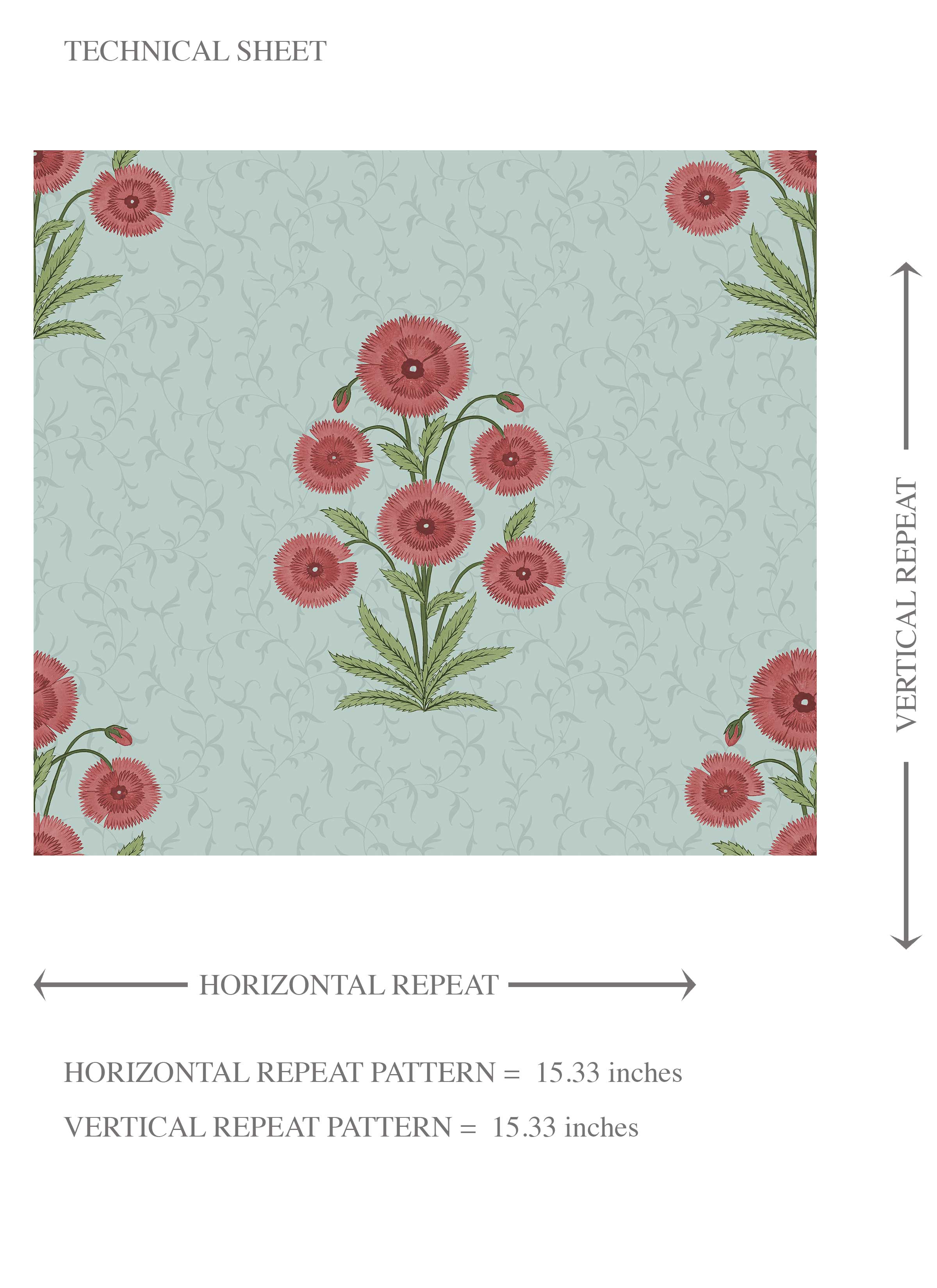 Botanical Floral Block Print Kids Room Wallpaper (Blue/ Red-Pink/ Green)