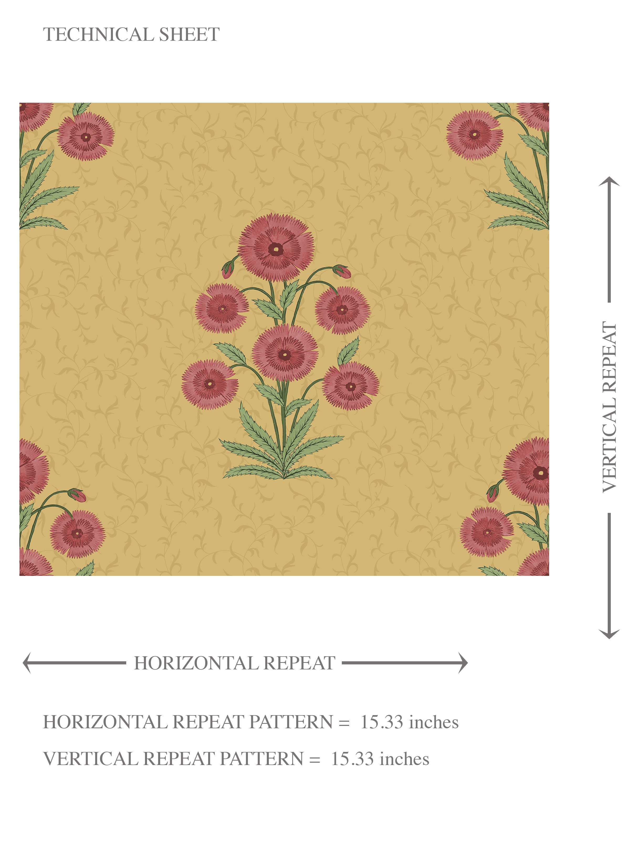 Botanical Floral Block Print Kids Room Wallpaper (Yellow/ Red-Pink/ Green)