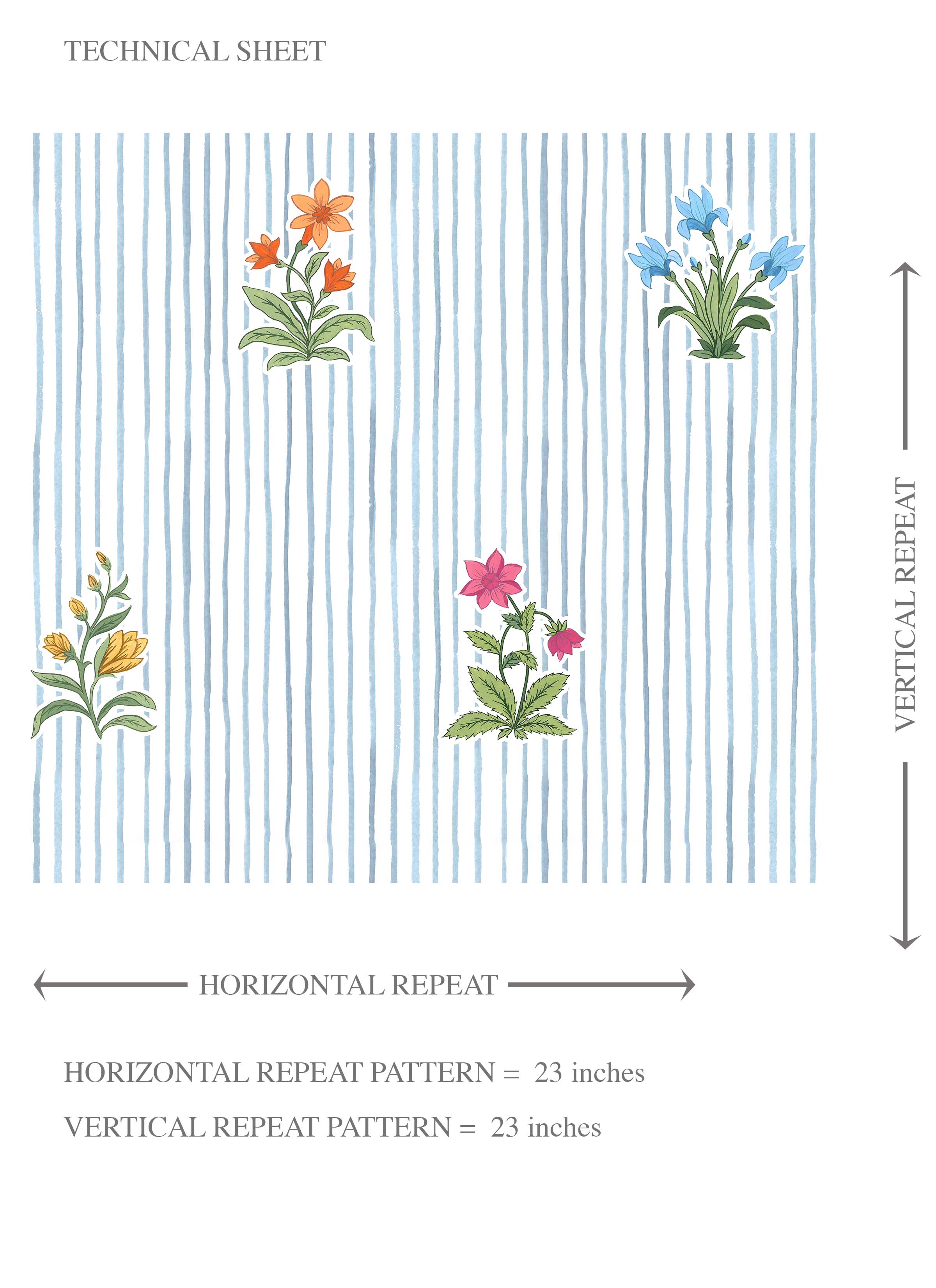 Floral Striped Block Print Kids Room Wallpaper Sample (Blue/ Pink/ Green/ Orange )
