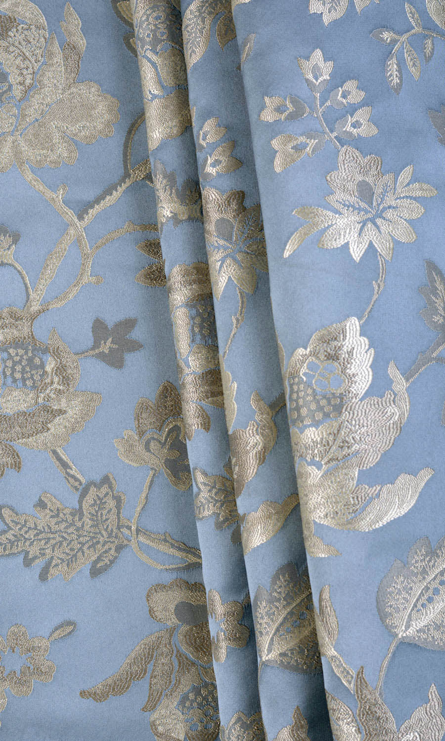 Floral Faux Silk Fabric Material By the Metre (Indigo Blue/ Greige)