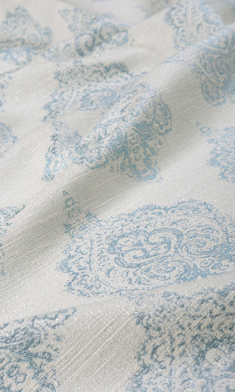 Damask Poly-Cotton Fabric By the Metre for Curtains & Drapes (White/ Blue)