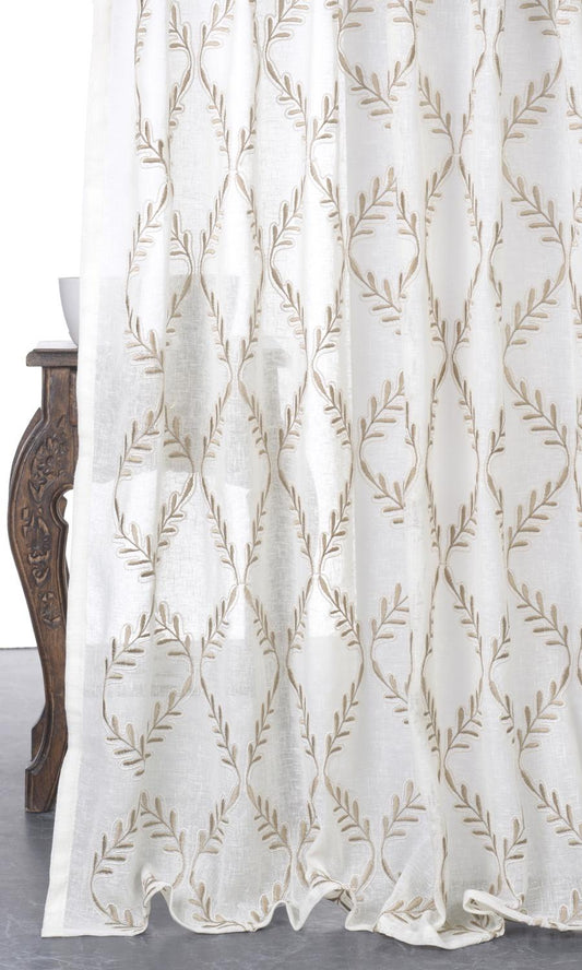 Beige embroidered/ leaf patterned sheer curtains
