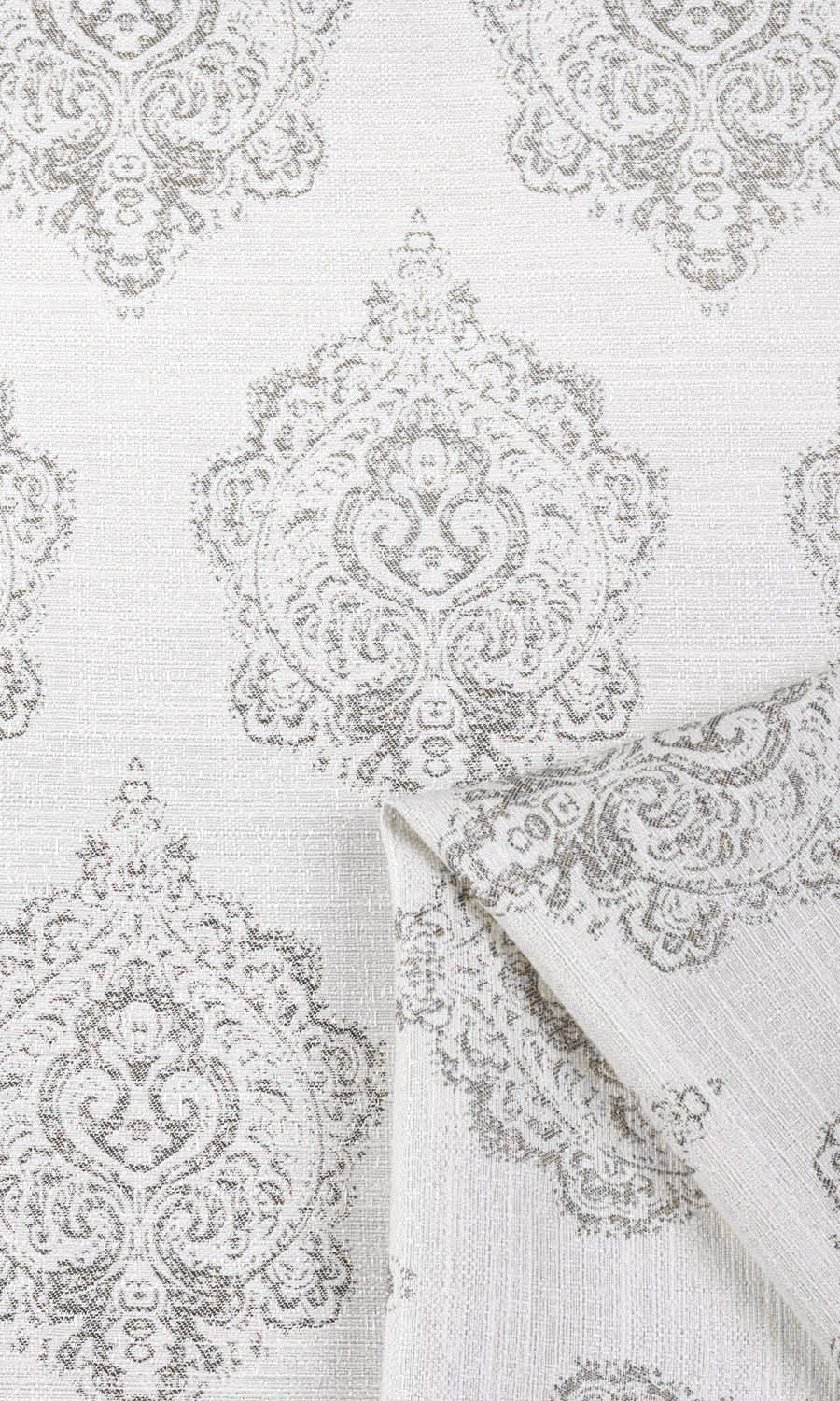 Damask Poly-Cotton Fabric By the Metre for Curtains & Drapes (Off White/ Gray)