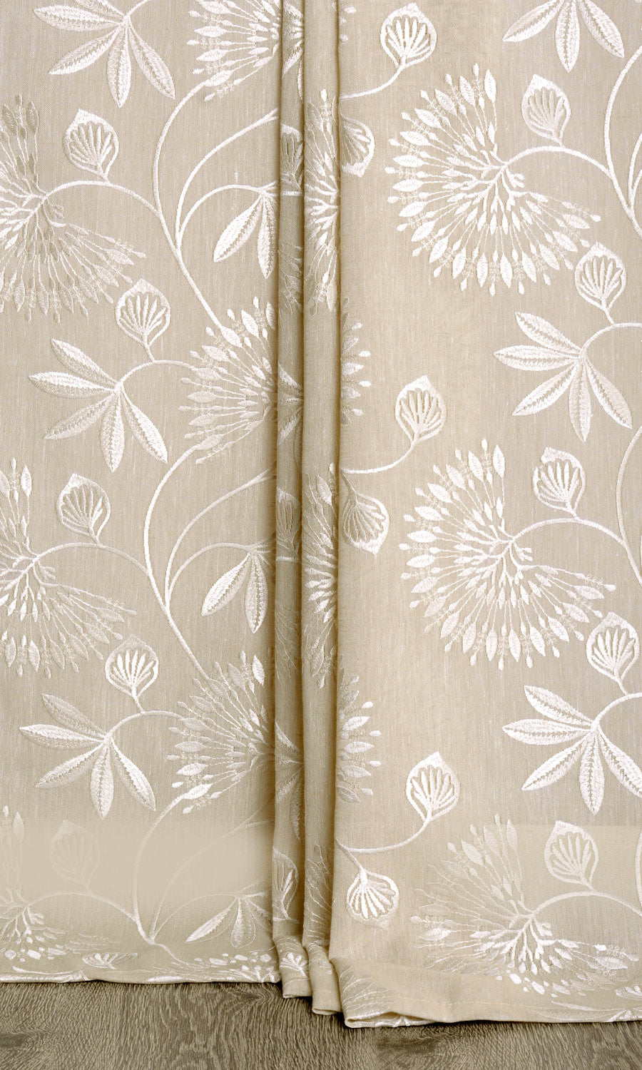 Floral Semi Sheer Window Treatments Fabric By the Metre (Wheat Beige/ White)