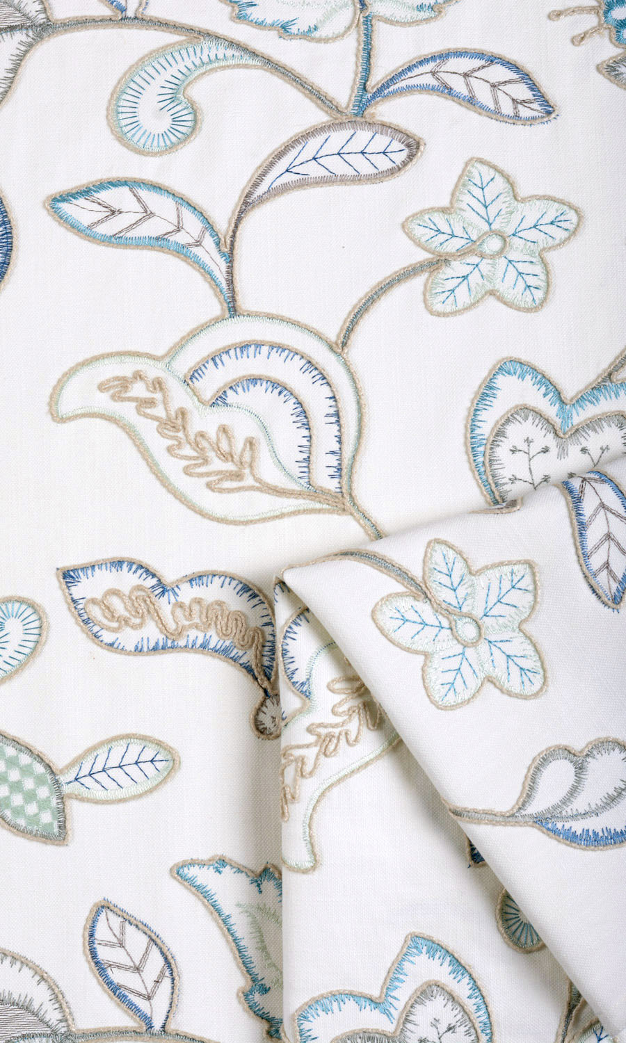 Floral Embroidery Free Fabric Material Sample (Blue/ White)