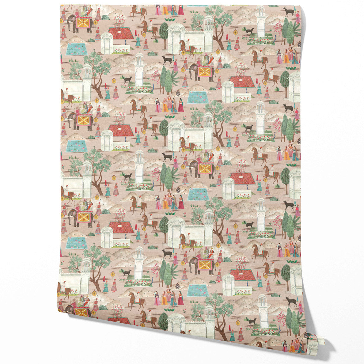 Ethnic/ Heritage/ Horses & Castles Print Traditional Wallpaper (Pink/ Green/ Red/ Blue)