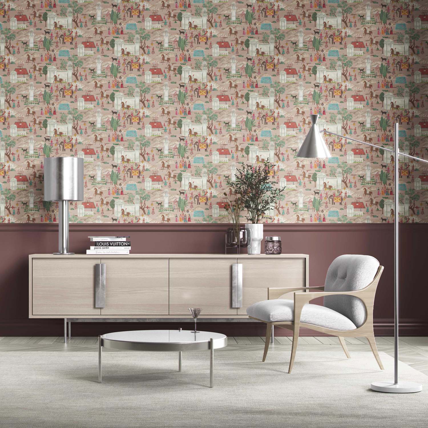 Ethnic/ Heritage/ Horses & Castles Print Kitchen Wallpaper Sample (Pink/ Green/ Red/ Blue)