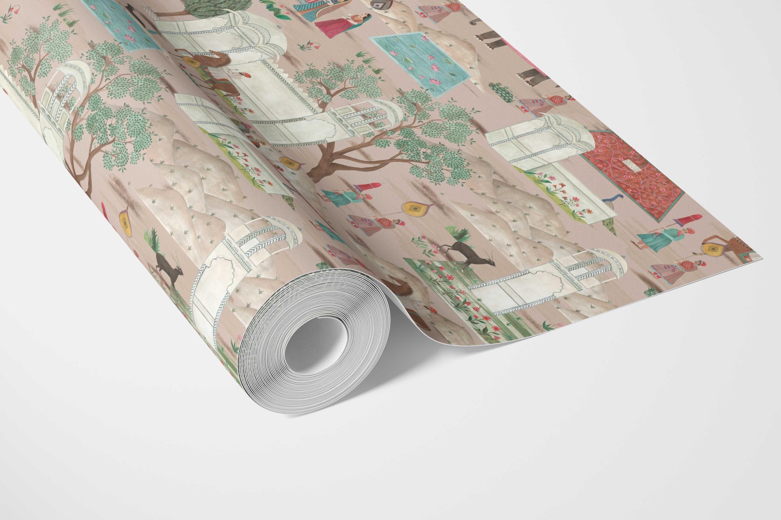 Ethnic/ Heritage/ Horses & Castles Print Bathroom Wallpaper (Pink/ Green/ Red/ Blue)