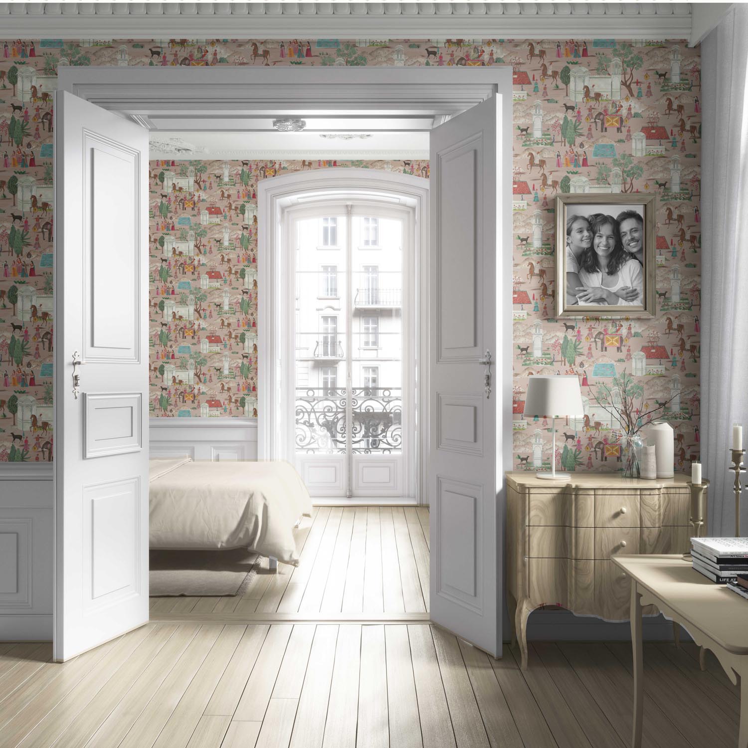 Ethnic/ Heritage/ Horses & Castles Print Living Room Wallpaper Sample (Pink/ Green/ Red/ Blue)