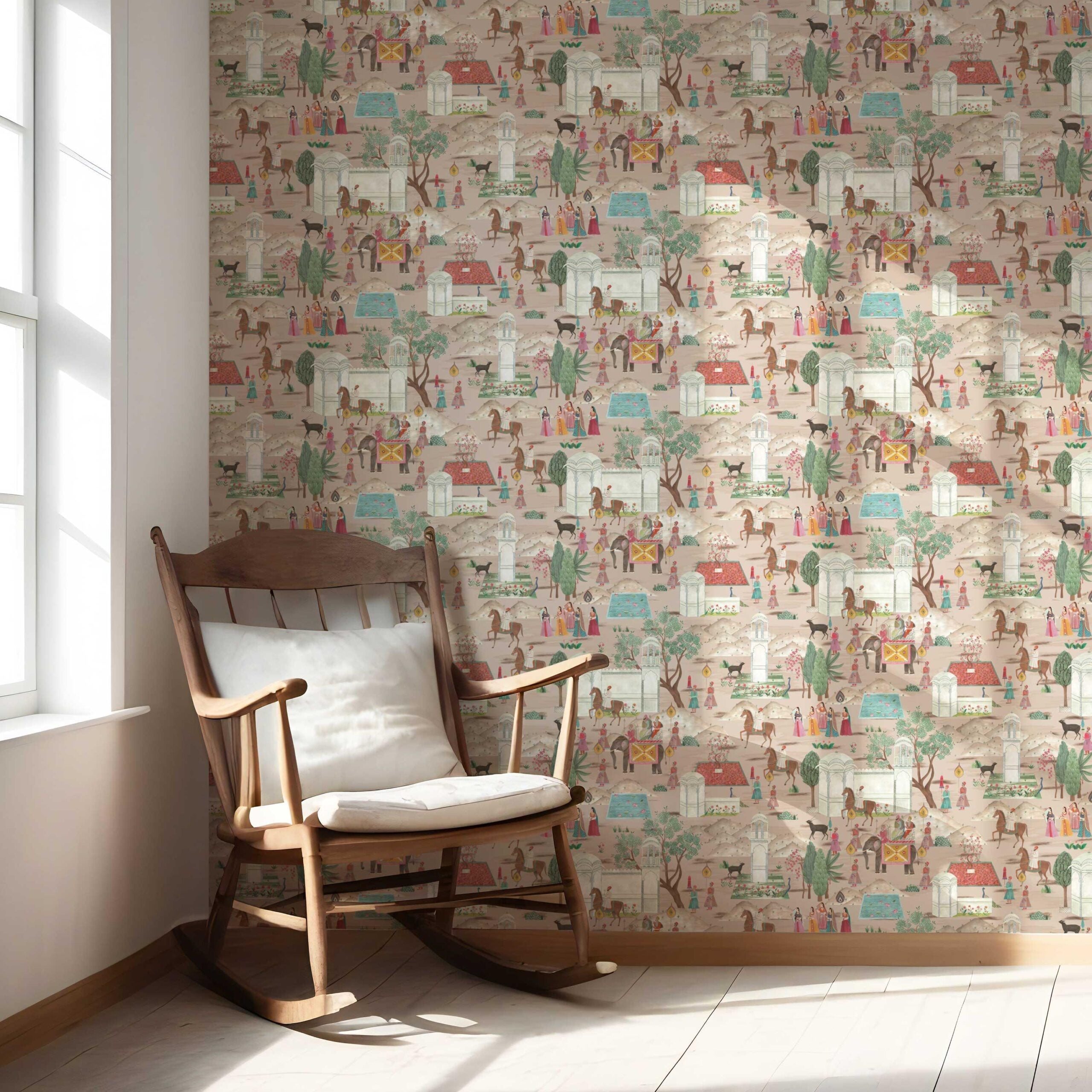 Ethnic/ Heritage/ Horses & Castles Print Nursery Wallpaper (Pink/ Green/ Red/ Blue)