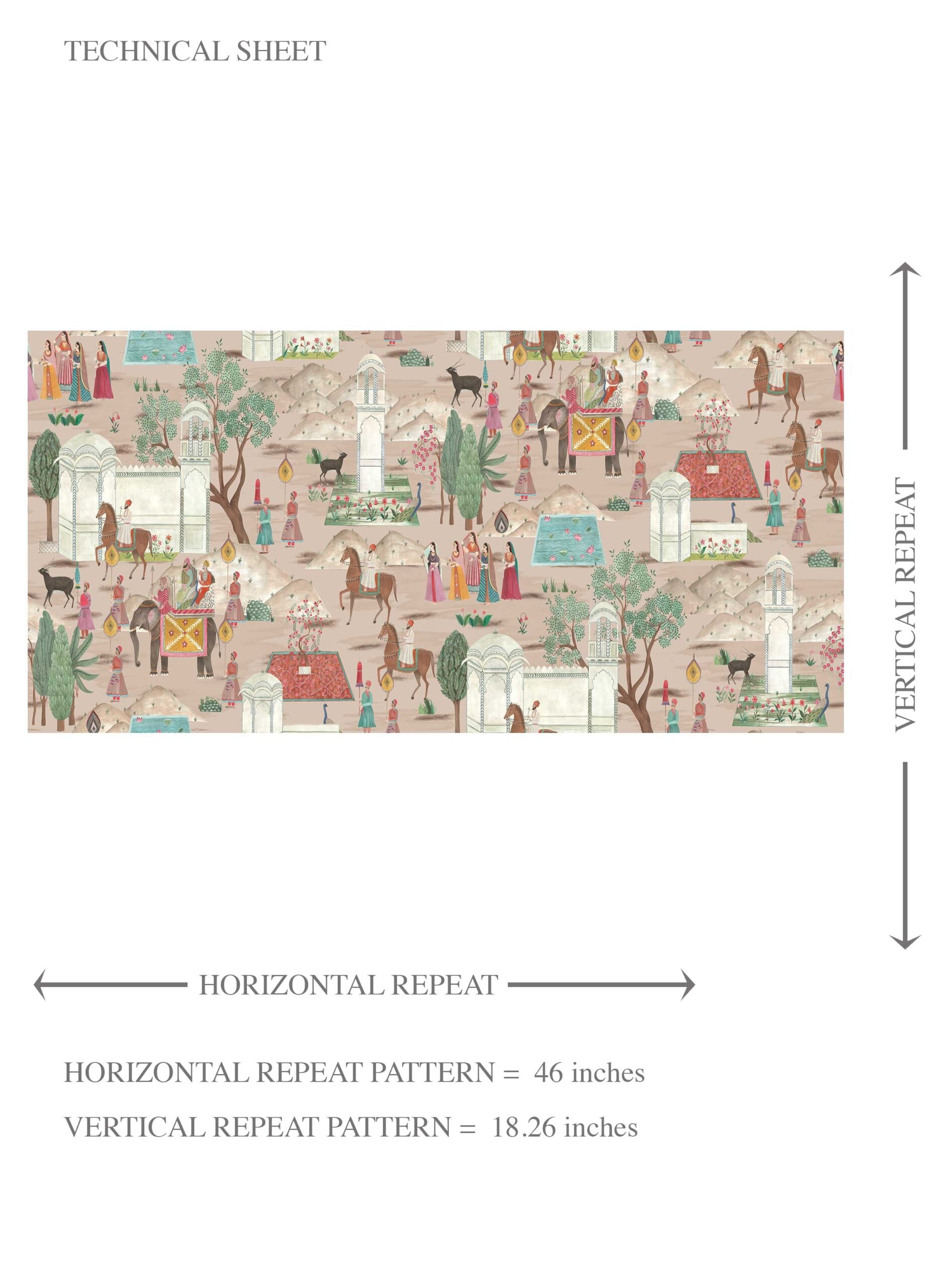 Ethnic/ Heritage/ Horses & Castles Print Kids Room Wallpaper Sample (Pink/ Green/ Red/ Blue)