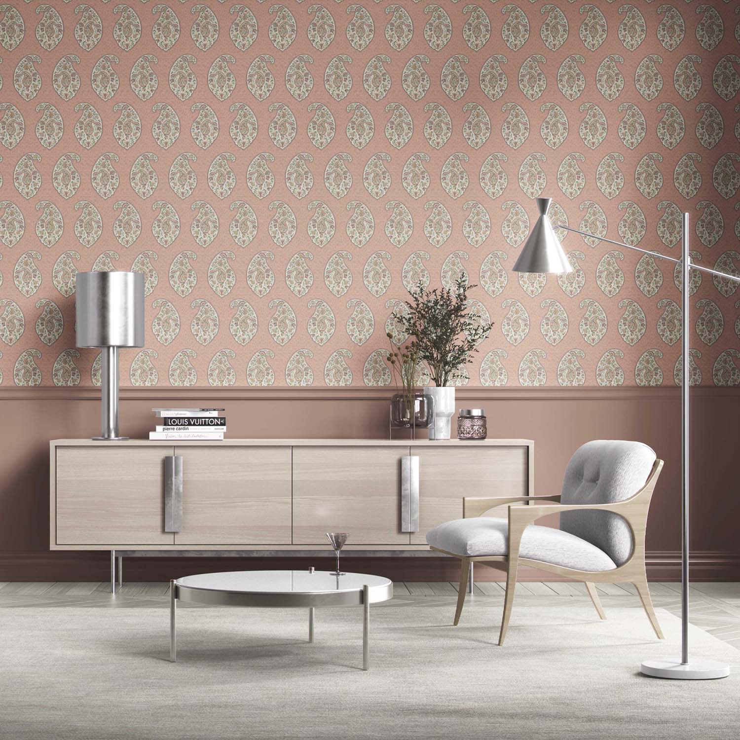 Paisley Floral Print Kitchen Wallpaper (Peach/ Pink/ Green)