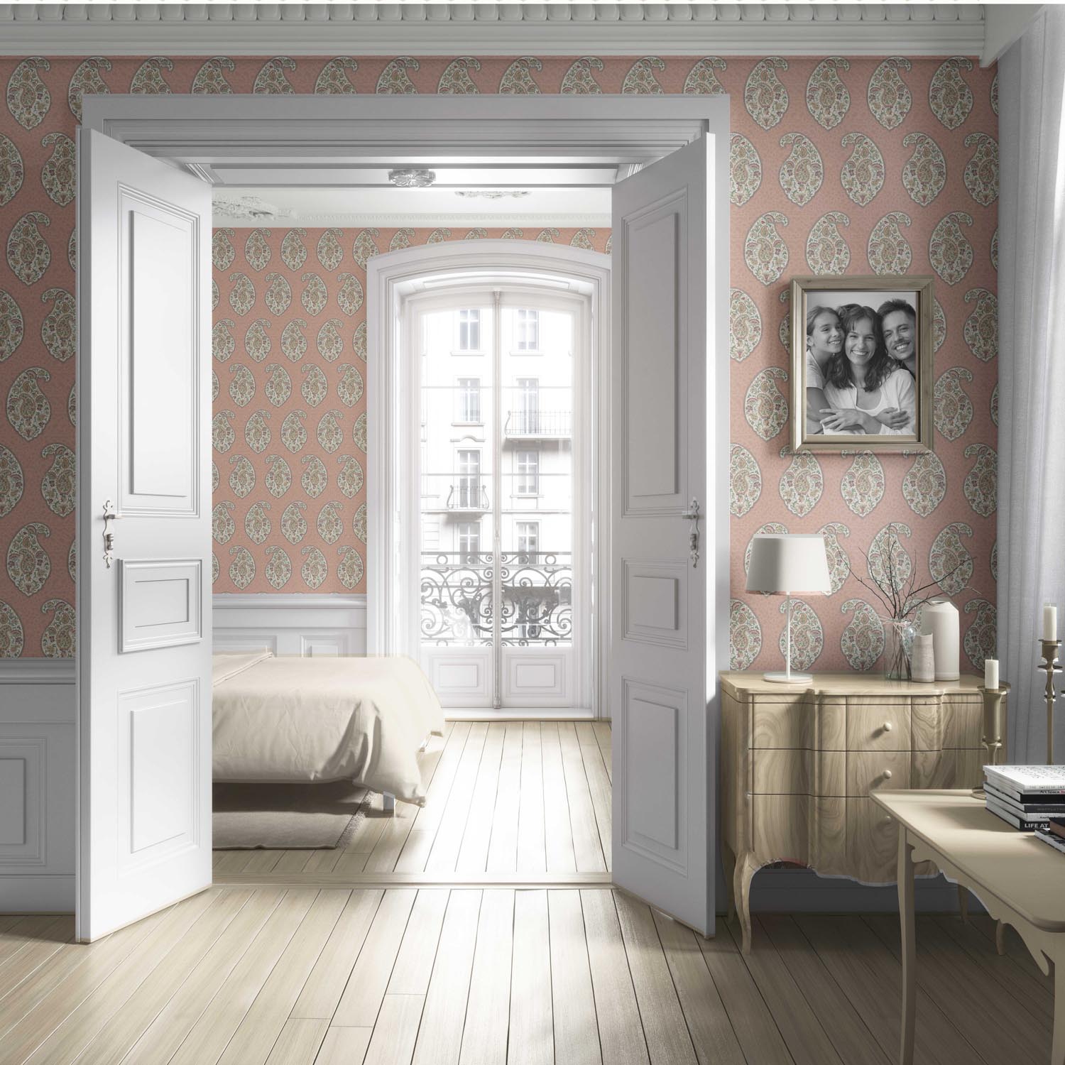 Paisley Floral Print Living Room Wallpaper (Peach/ Pink/ Green)