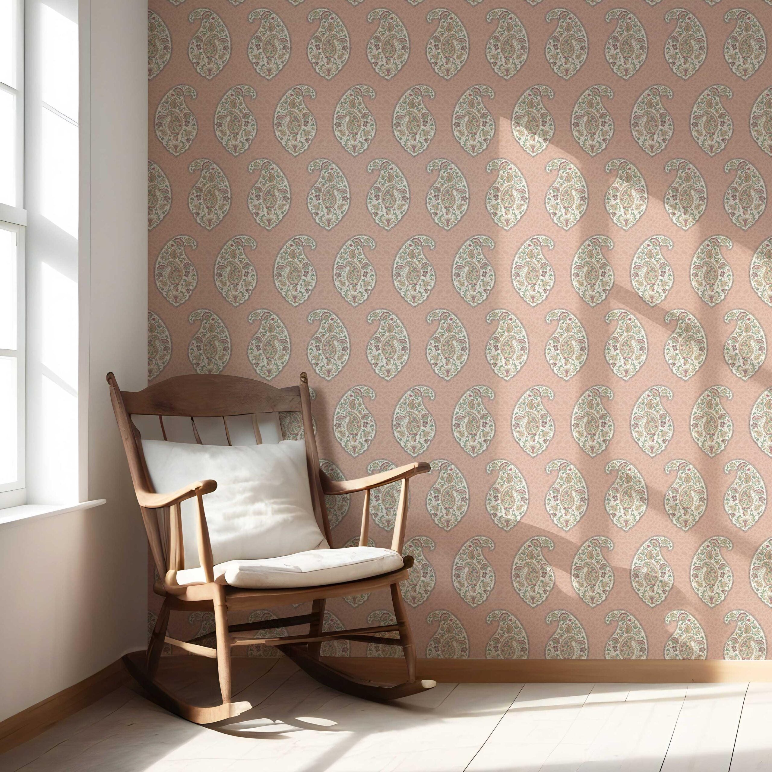 Paisley Floral Print Nursery Wallpaper (Peach/ Pink/ Green)