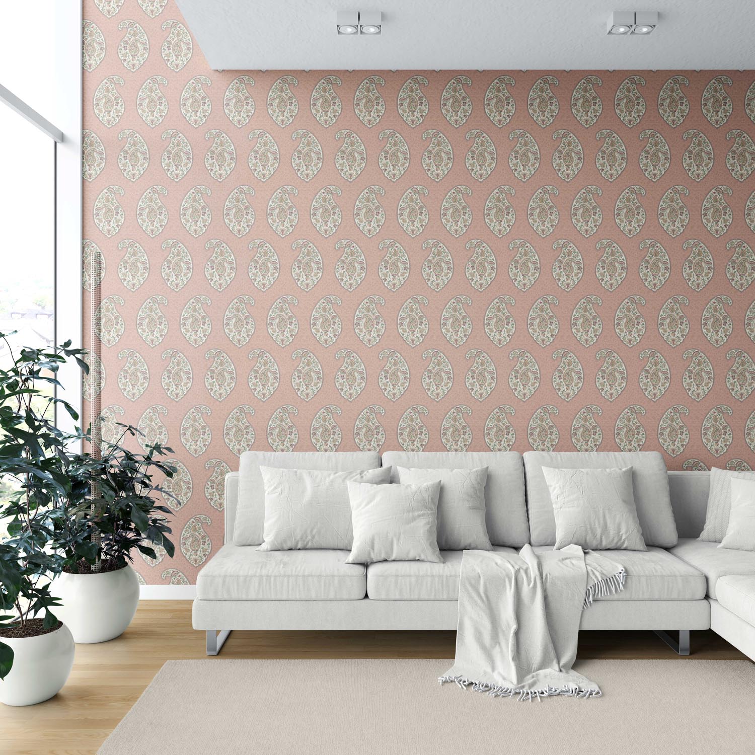 Paisley Floral Print Shower Toilet Wallpaper (Peach/ Pink/ Green)