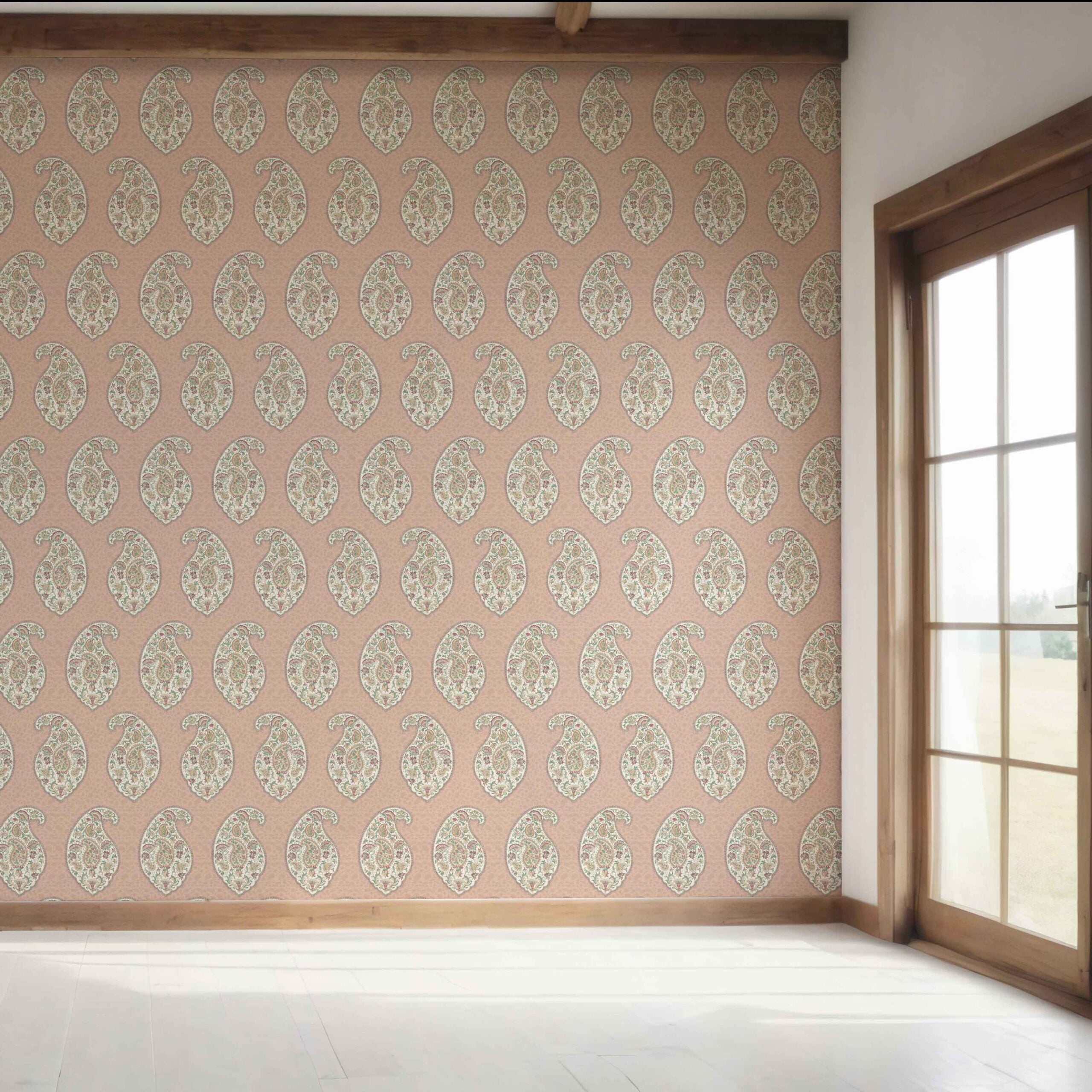 Paisley Floral Print Bedroom Wallpaper (Peach/ Pink/ Green)