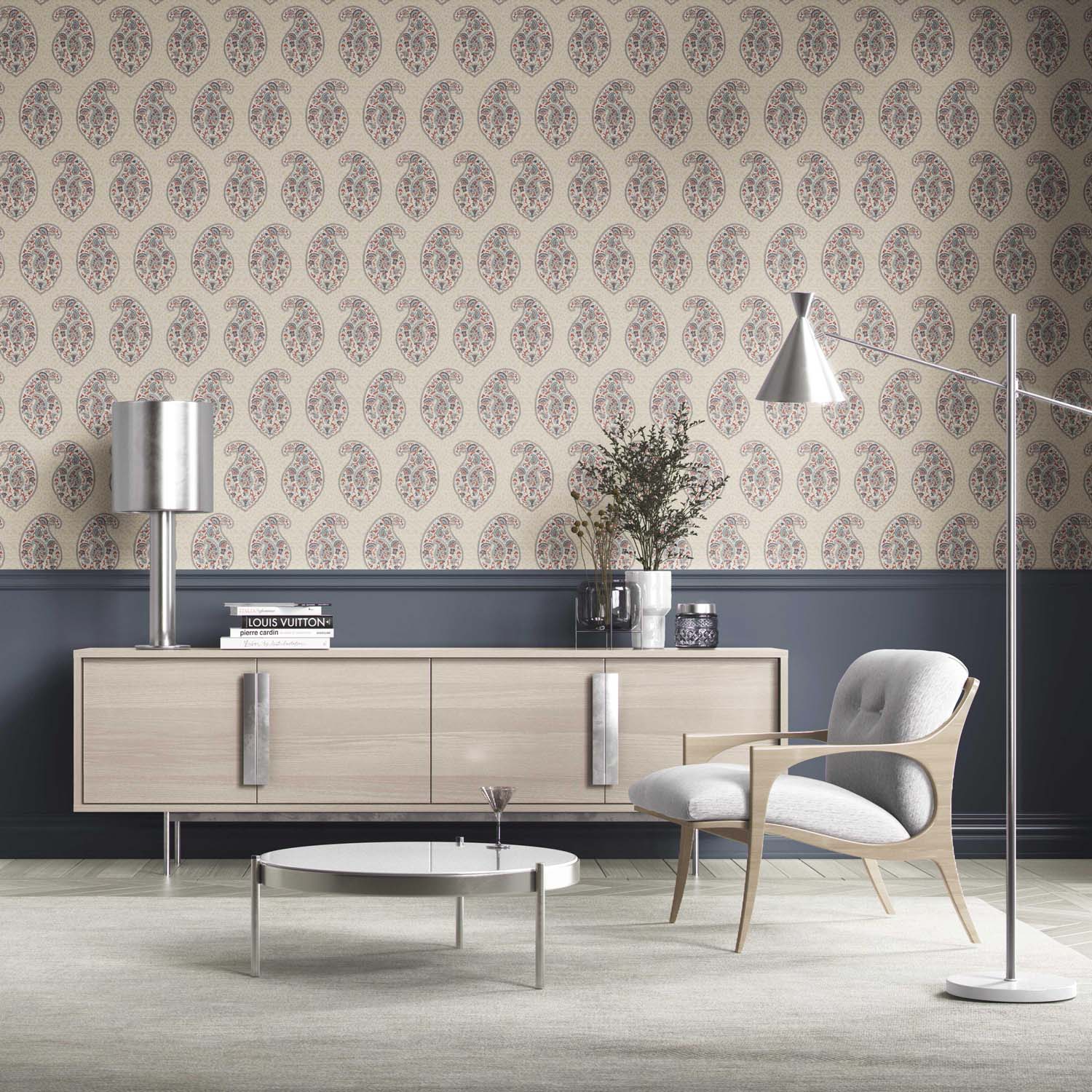Paisley Floral Print Kitchen Wallpaper Sample (Red/ Blue/ Beige)