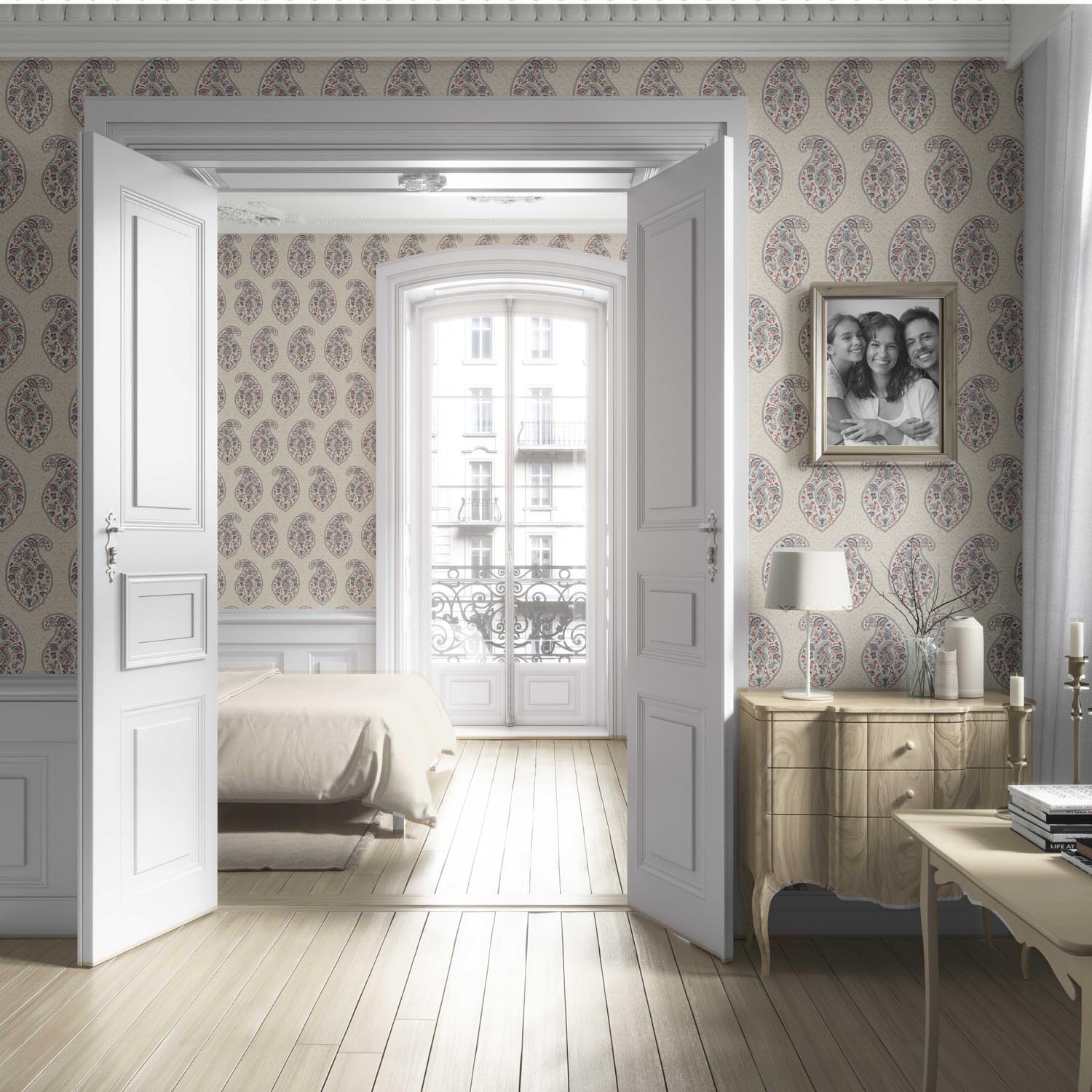 Paisley Floral Print Living Room Wallpaper Sample (Red/ Blue/ Beige)