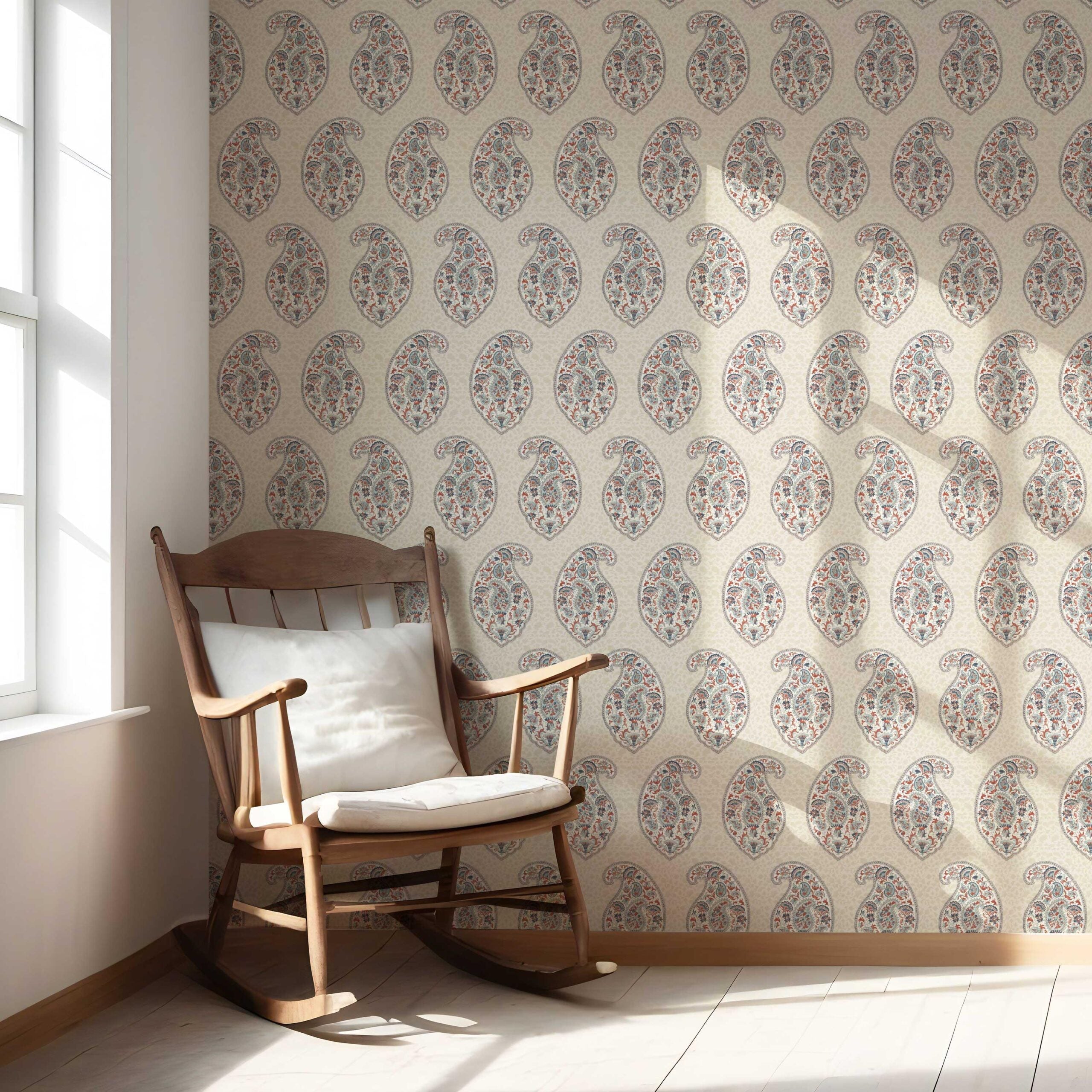 Paisley Floral Print Nursery Wallpaper Sample (Red/ Blue/ Beige)