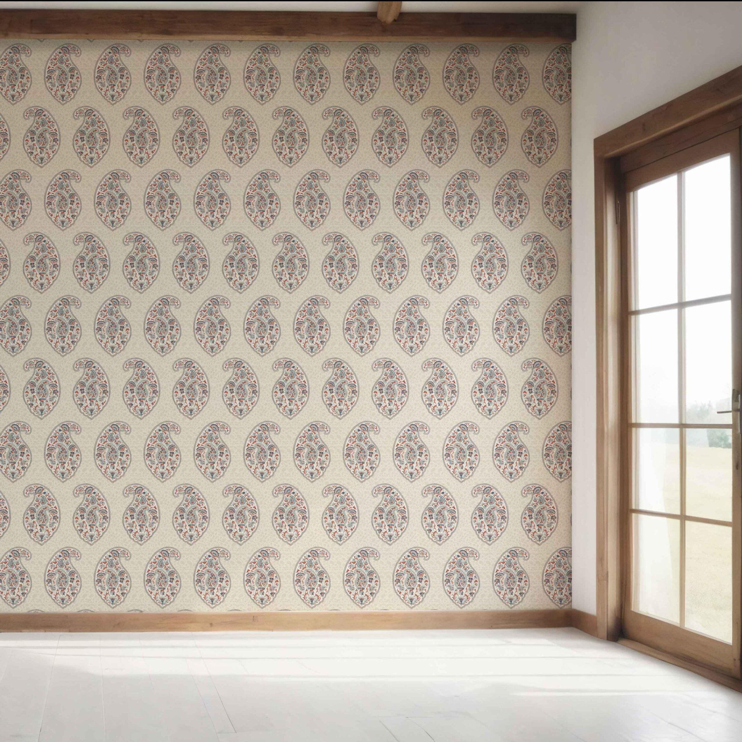 Paisley Floral Print Bedroom Wallpaper Sample (Red/ Blue/ Beige)