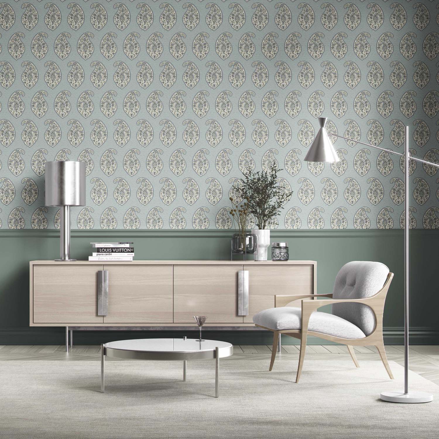 Paisley Floral Print Kitchen Wallpaper (Blue/ Green/ Gray)