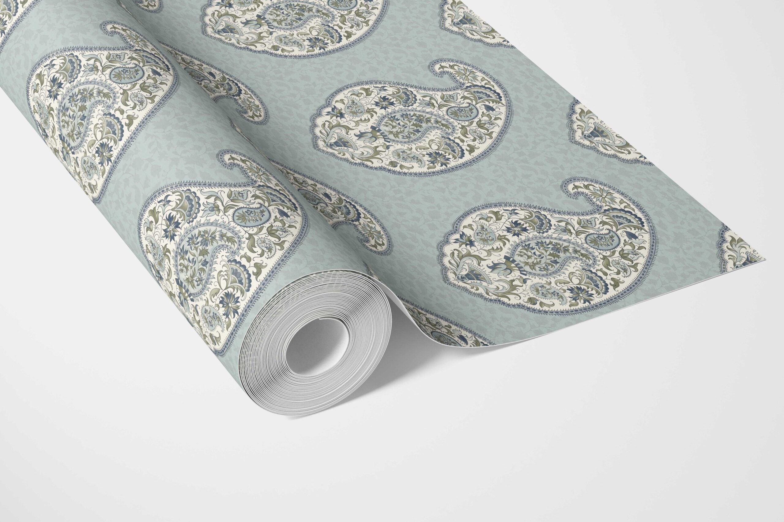 Paisley Floral Print Bathroom Wallpaper (Blue/ Green/ Gray)