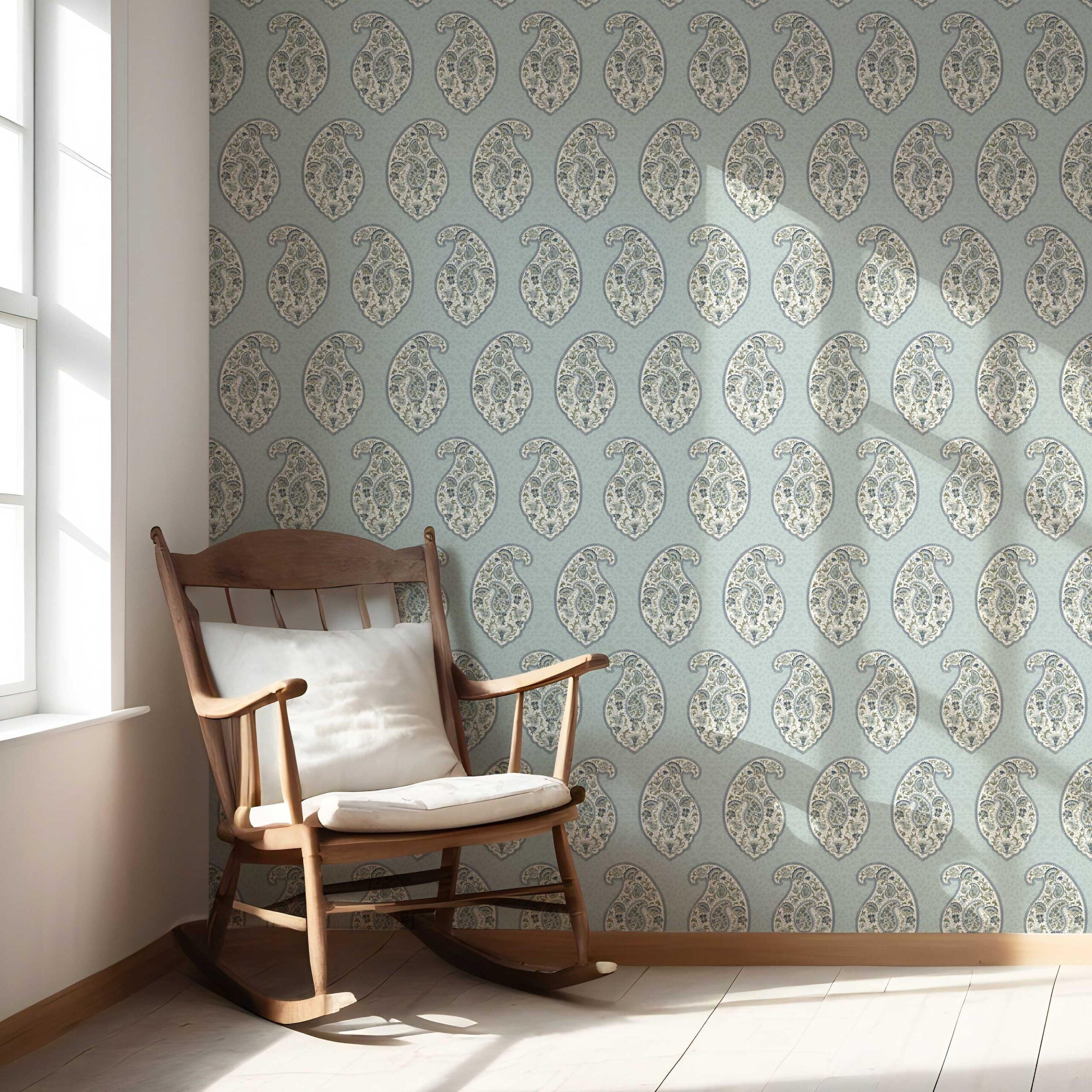 Paisley Floral Print Nursery Wallpaper (Blue/ Green/ Gray)