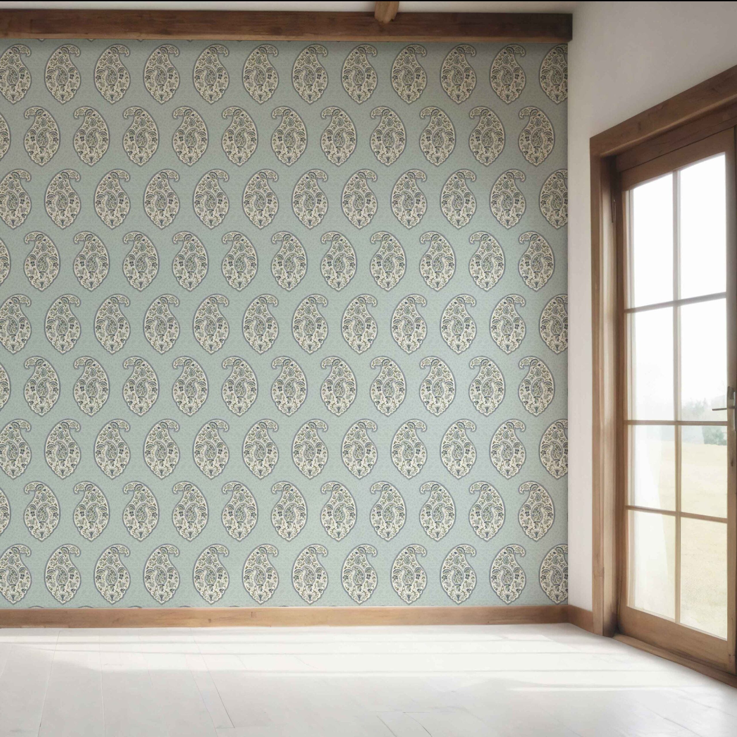 Paisley Floral Print Bedroom Wallpaper (Blue/ Green/ Gray)