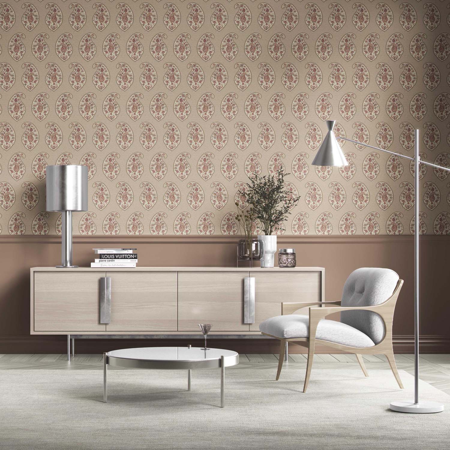 Neutral Paisley Floral Print Kitchen Wallpaper Sample (Brown/ Beige/ Pink)