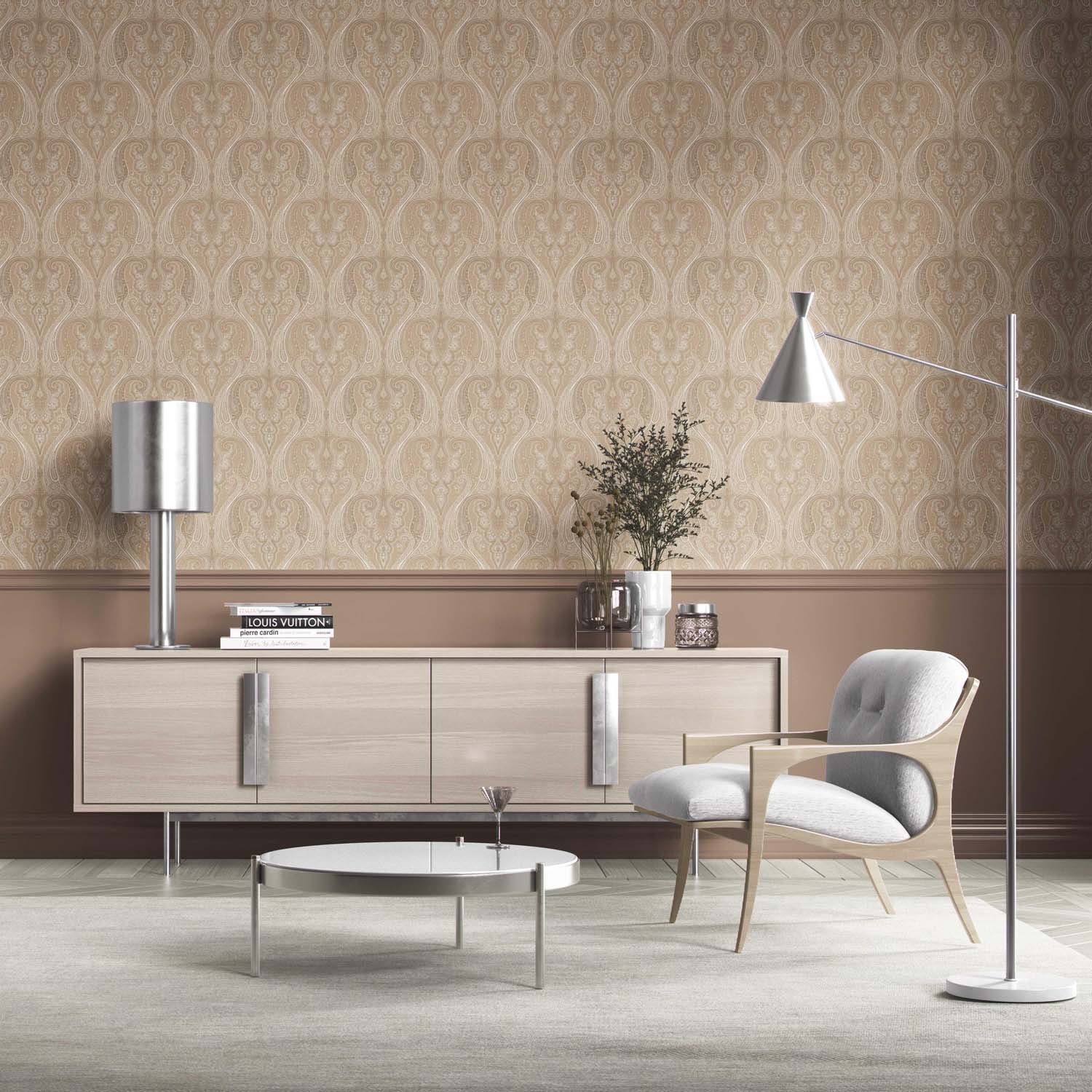 Neutral Paisley Floral/ Damask Patterned Kitchen Wallpaper Sample (Brown/ Beige/ Taupe)