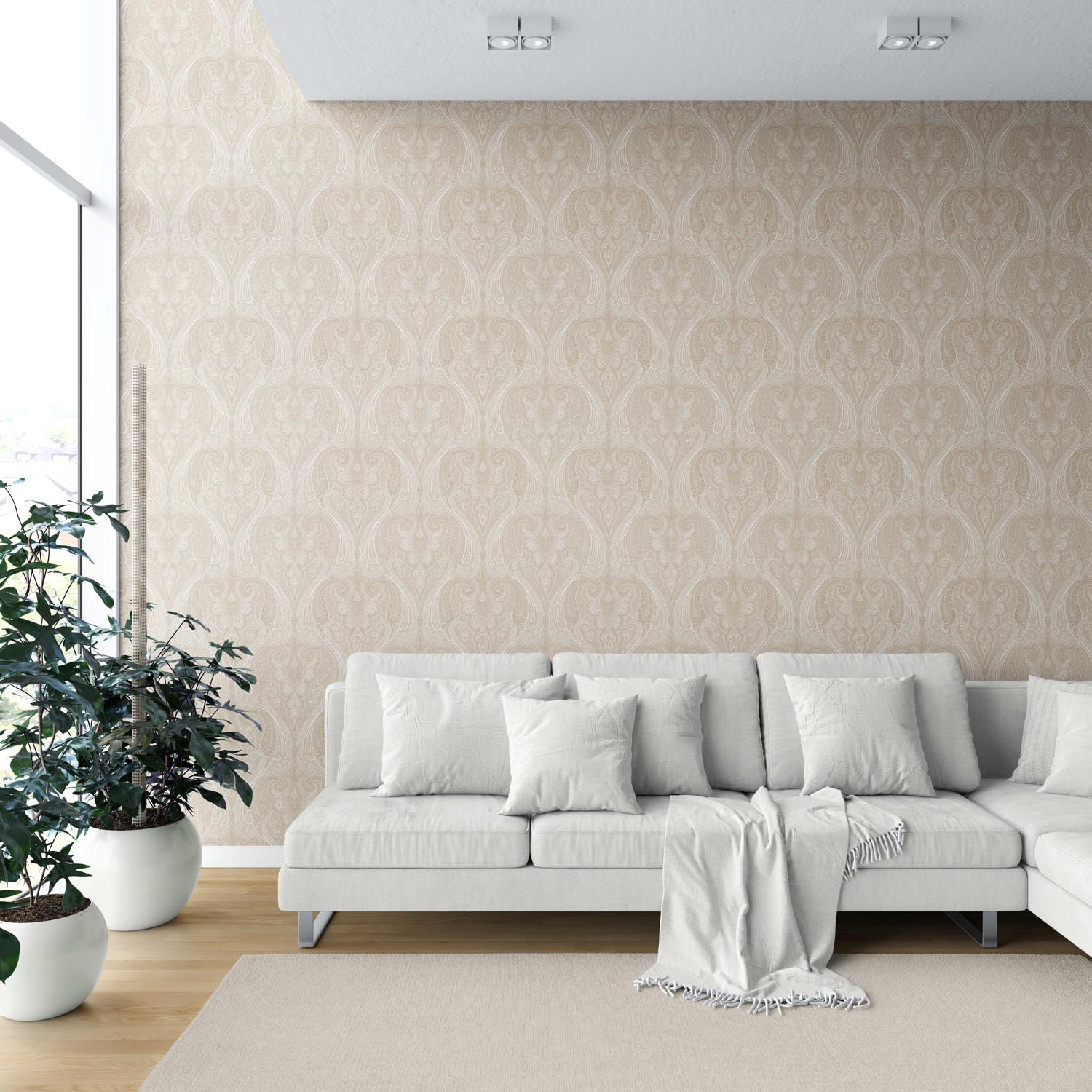 Neutral Paisley Floral/ Damask Patterned Shower Toilet Wallpaper Sample (Beige/ Soft Taupe)