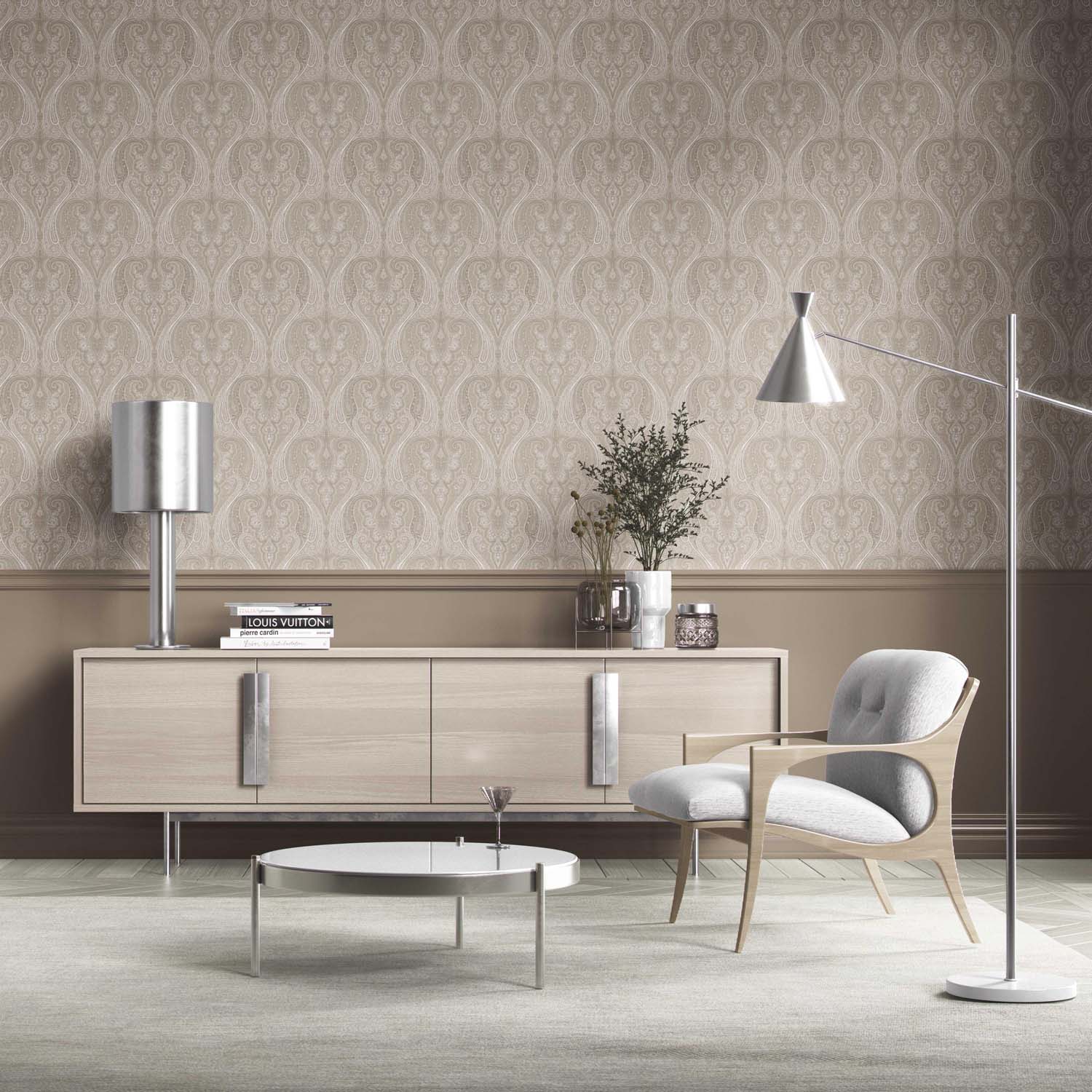 Neutral Paisley Floral/ Damask Patterned Kitchen Wallpaper Sample (Brown/ Beige)
