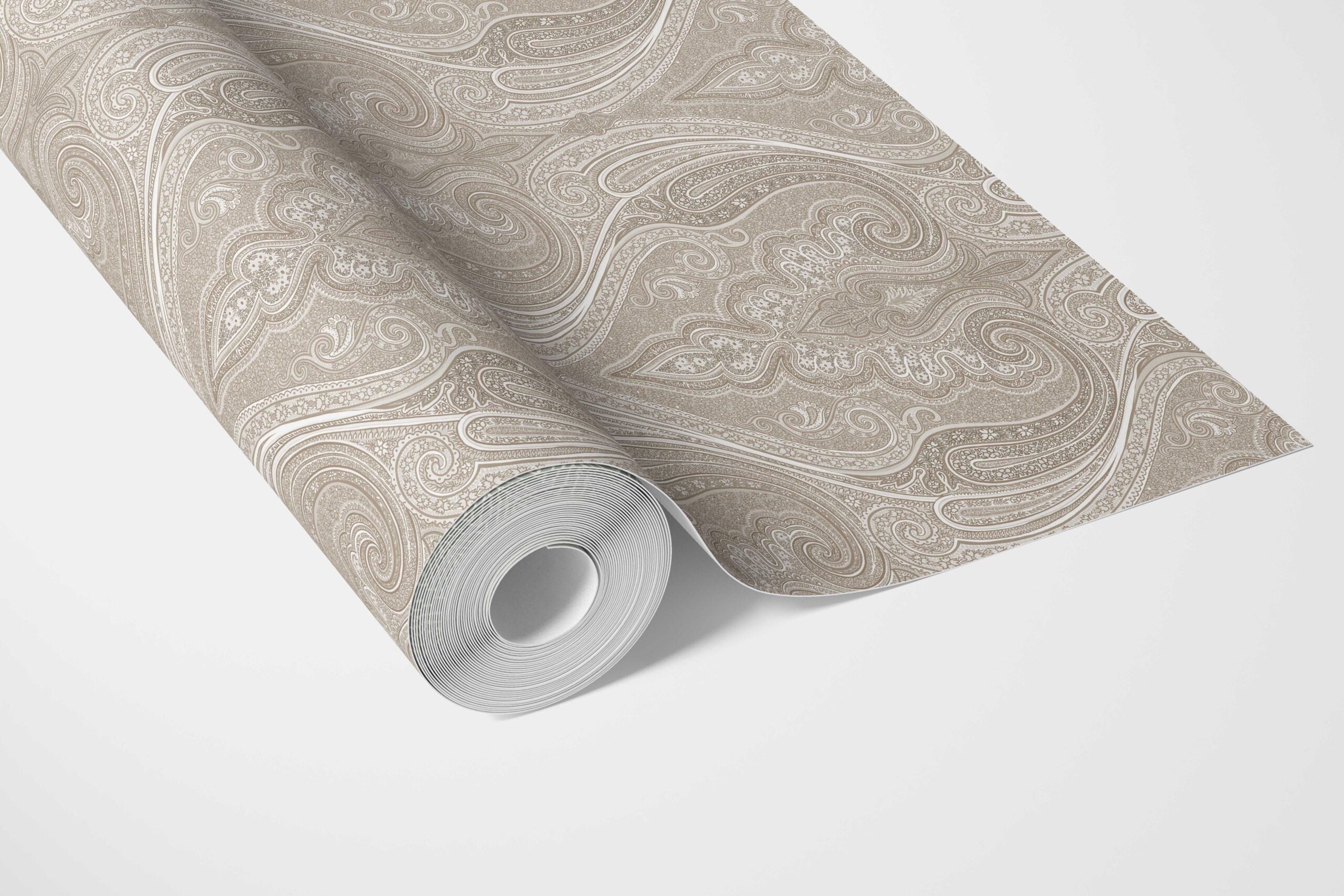 Neutral Paisley Floral/ Damask Patterned Bathroom Wallpaper Sample (Brown/ Beige)