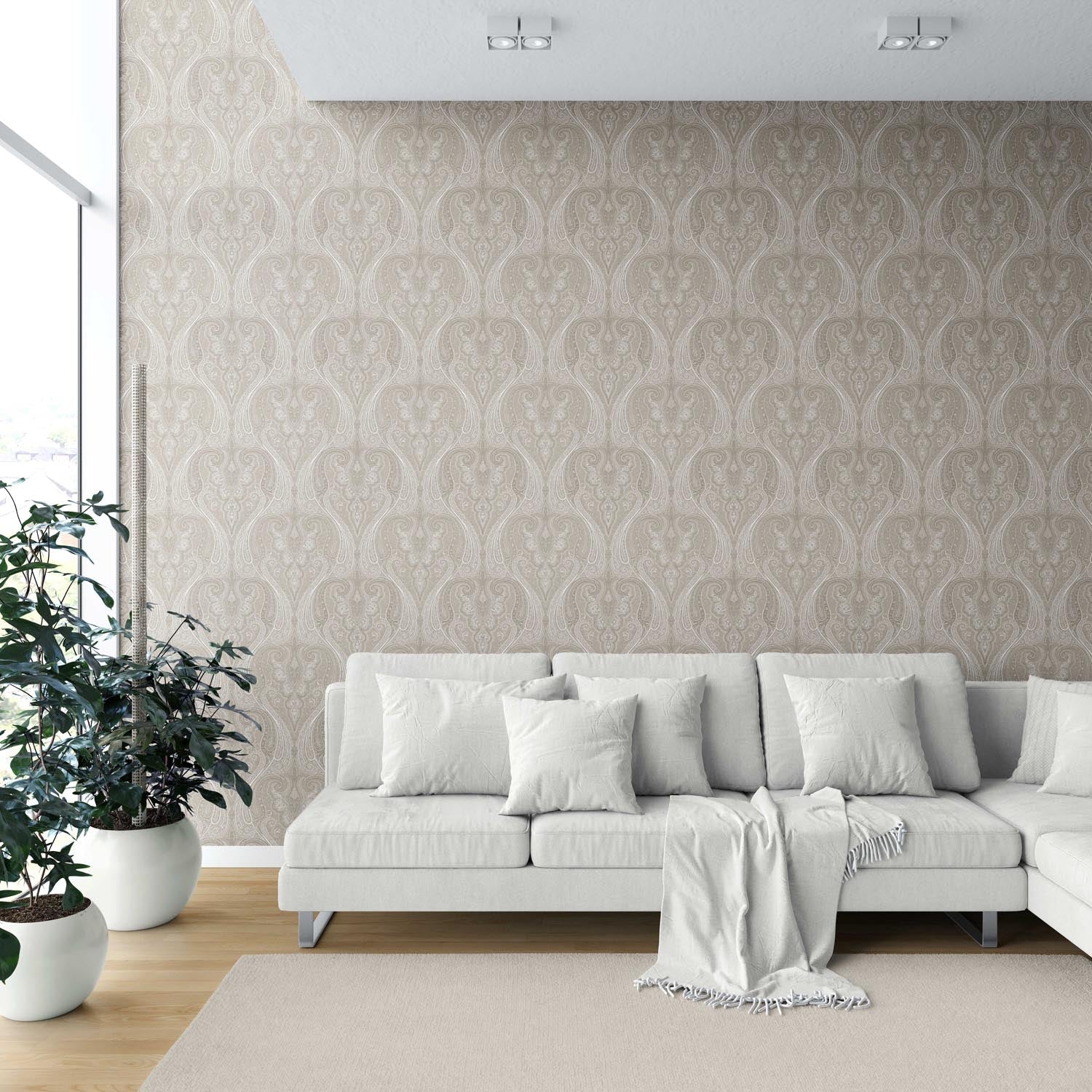 Neutral Paisley Floral/ Damask Patterned Shower Toilet Wallpaper Sample (Brown/ Beige)