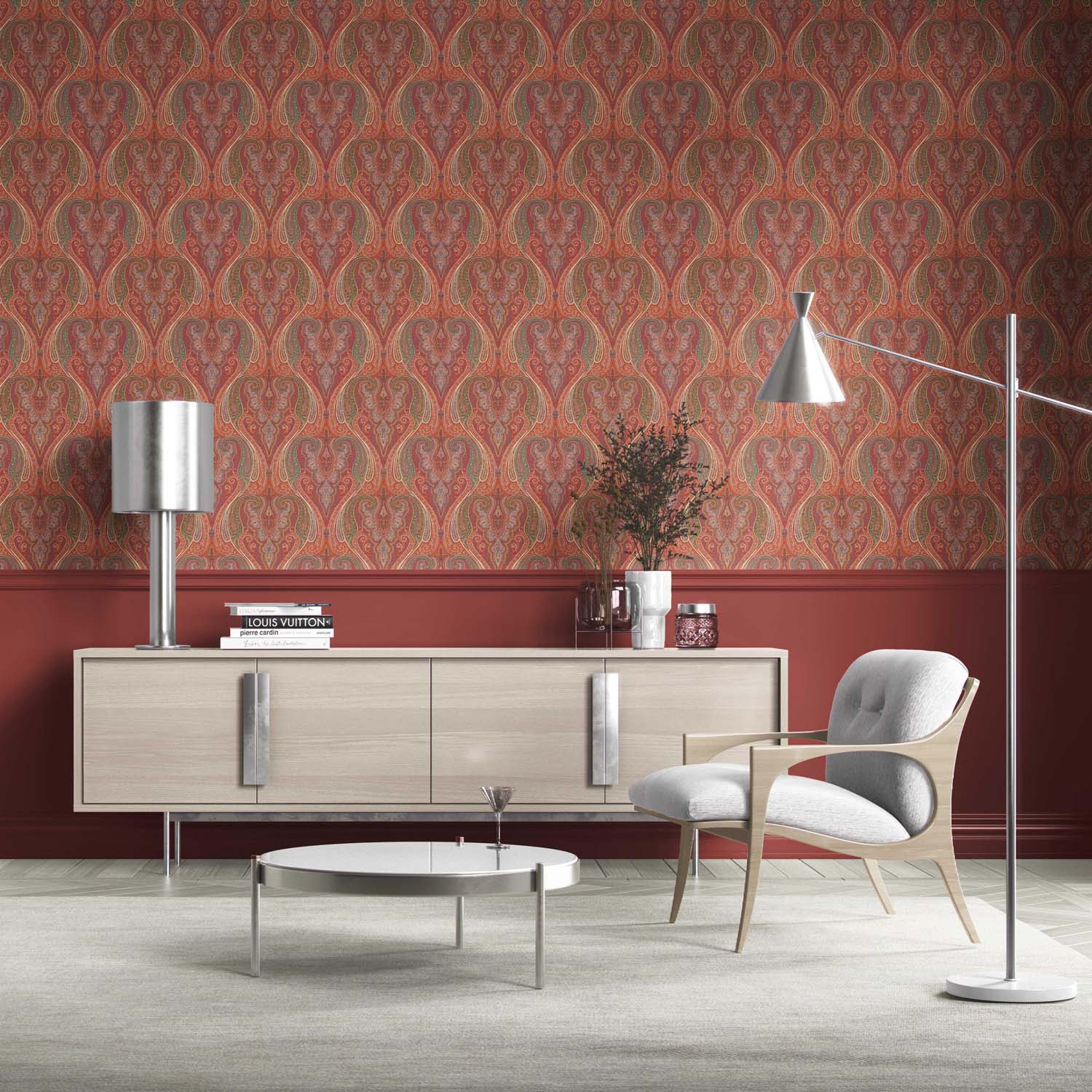 Paisley Floral/ Damask Patterned Kitchen Wallpaper (Red/ Orange/ Green/ Yellow)
