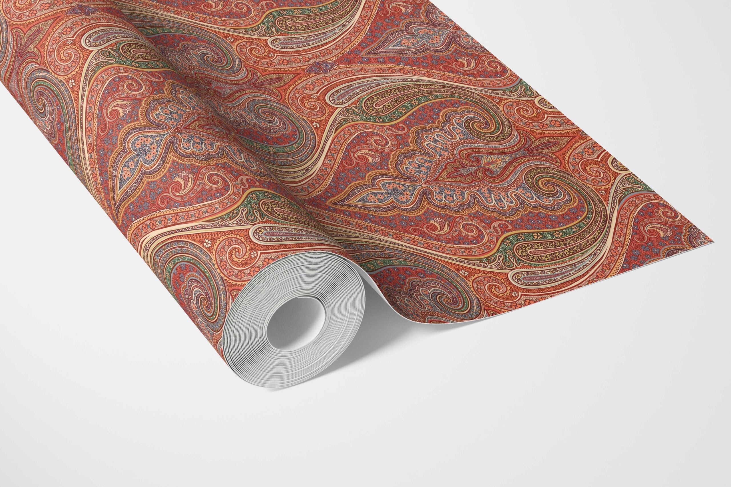 Paisley Floral/ Damask Patterned Bathroom Wallpaper (Red/ Orange/ Green/ Yellow)