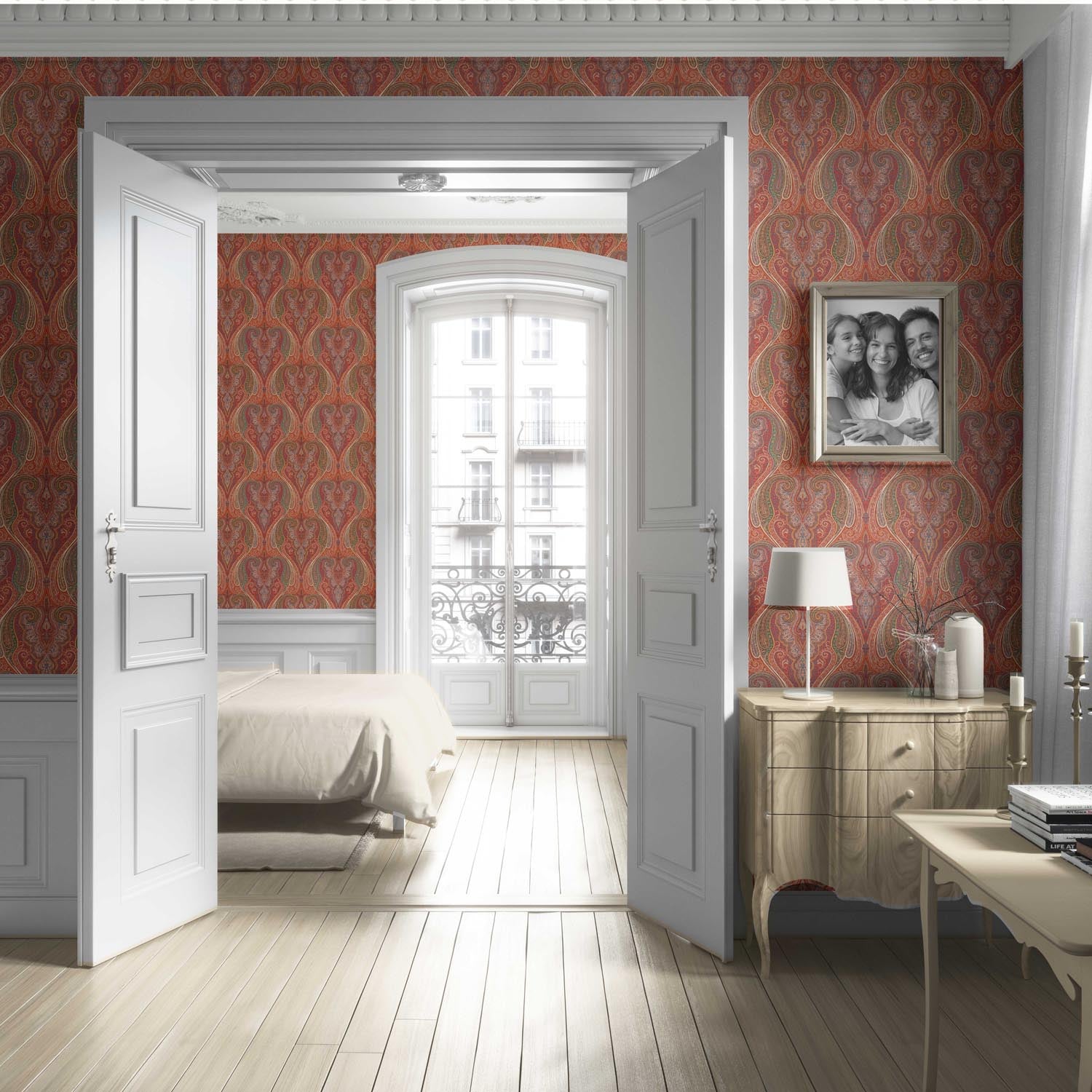 Paisley Floral/ Damask Patterned Living Room Wallpaper (Red/ Orange/ Green/ Yellow)