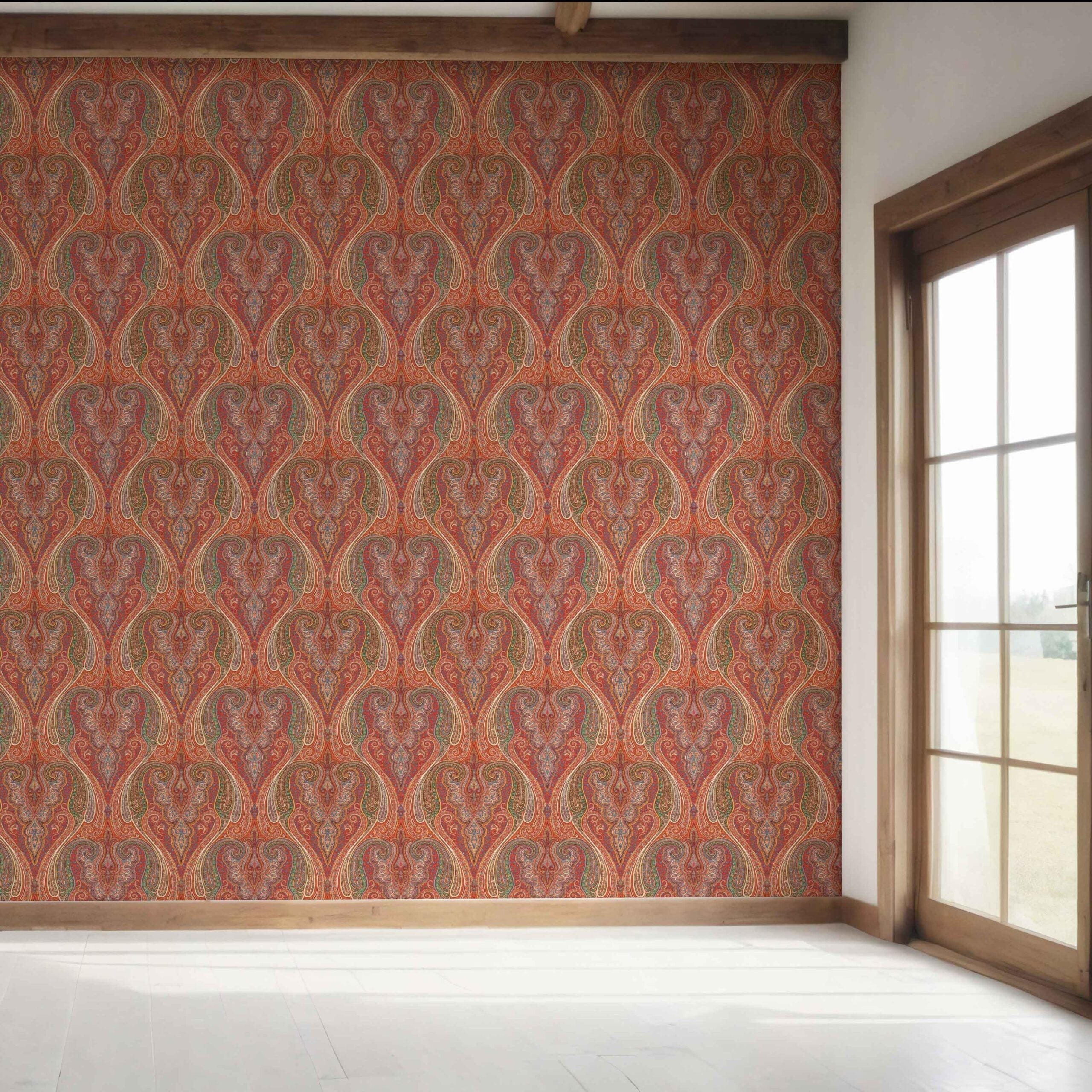 Paisley Floral/ Damask Patterned Bedroom Wallpaper (Red/ Orange/ Green/ Yellow)