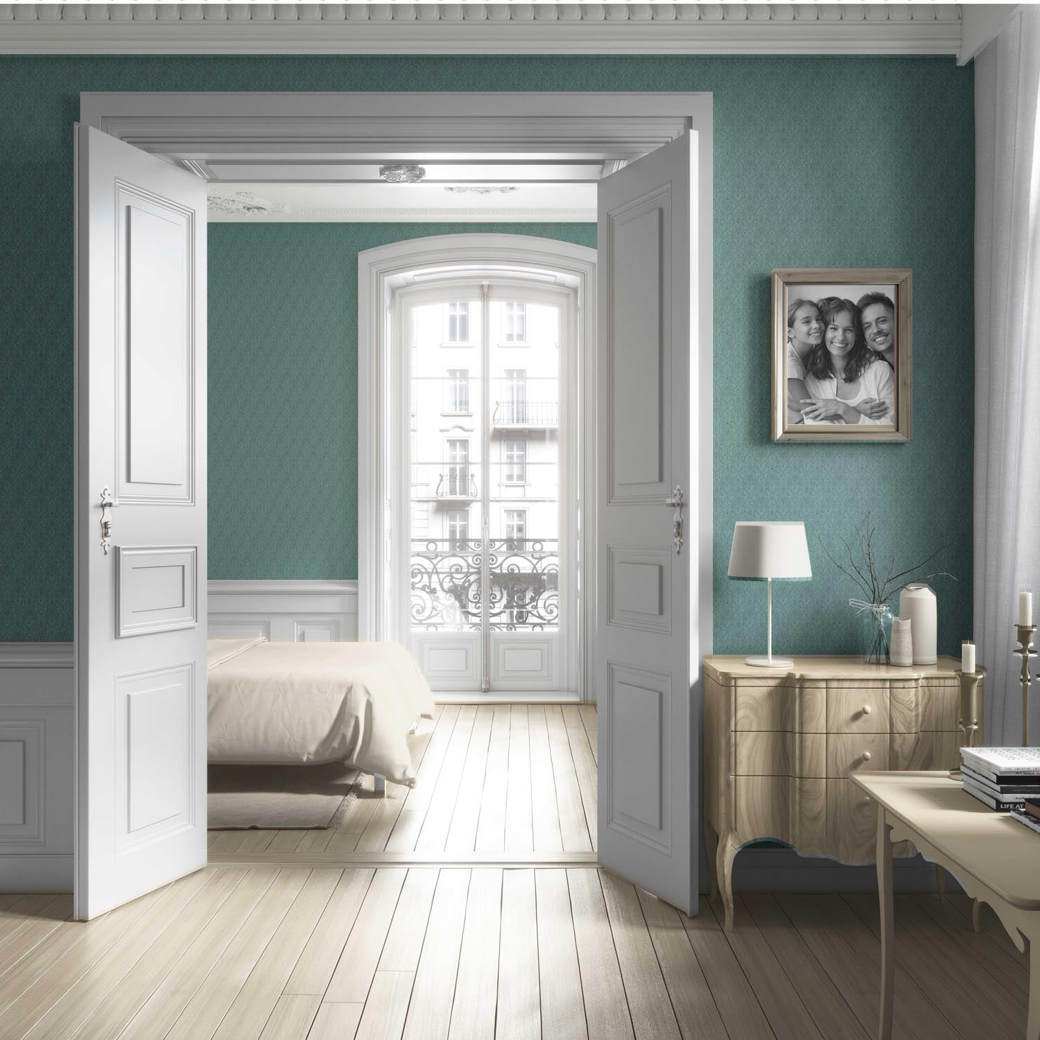 Self-Patterned Damask Floral Living Room Wallpaper Sample (Teal Green)