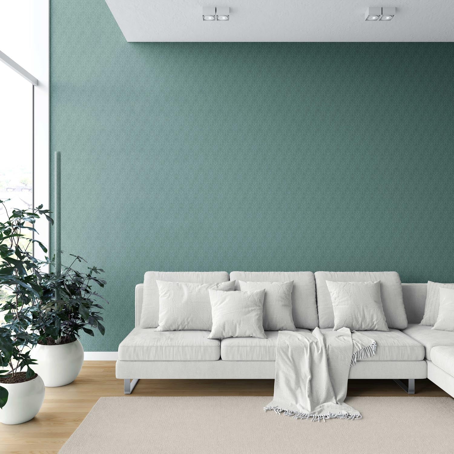 Self-Patterned Damask Floral Shower Toilet Wallpaper Sample (Teal Green)