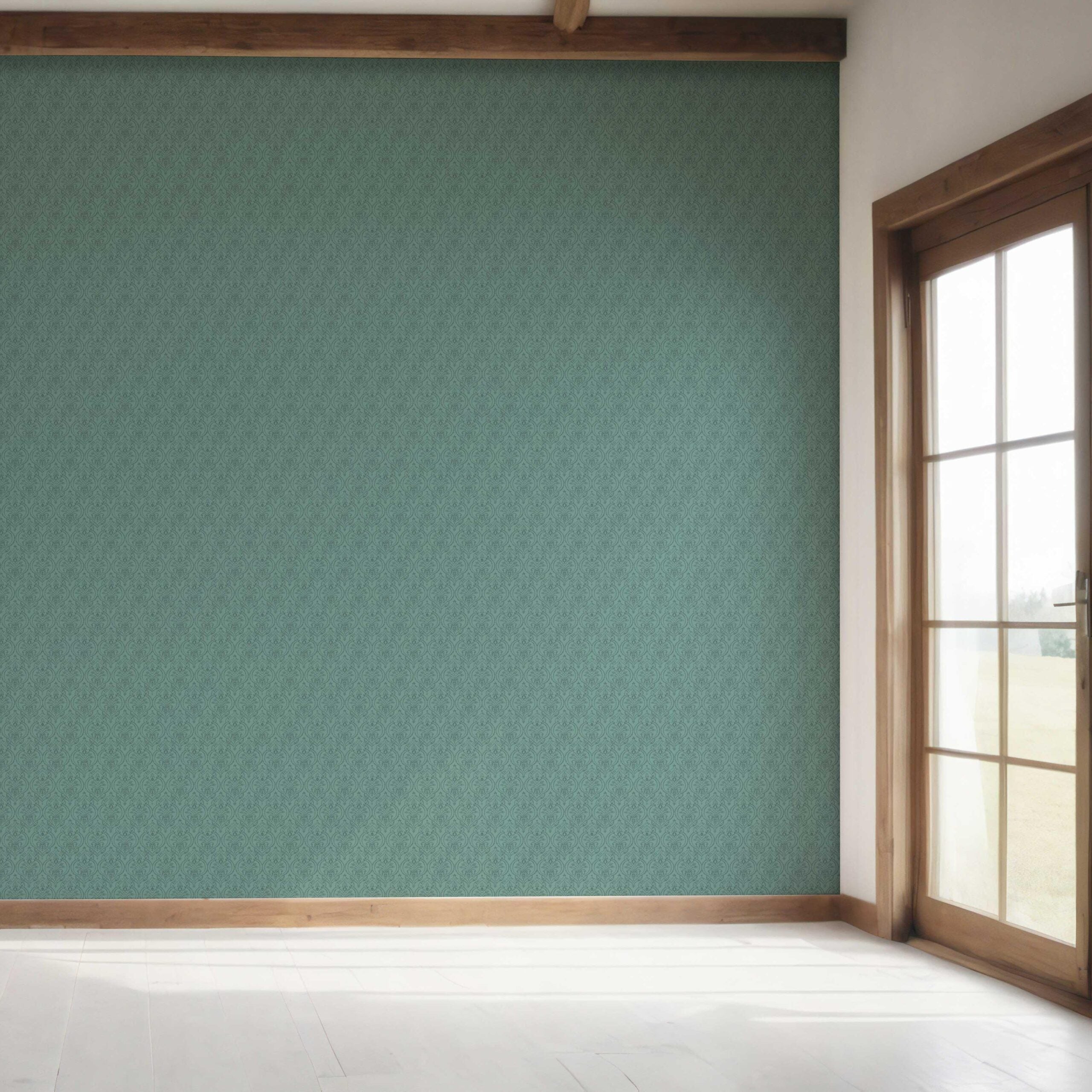 Self-Patterned Damask Floral Bedroom Wallpaper Sample (Teal Green)